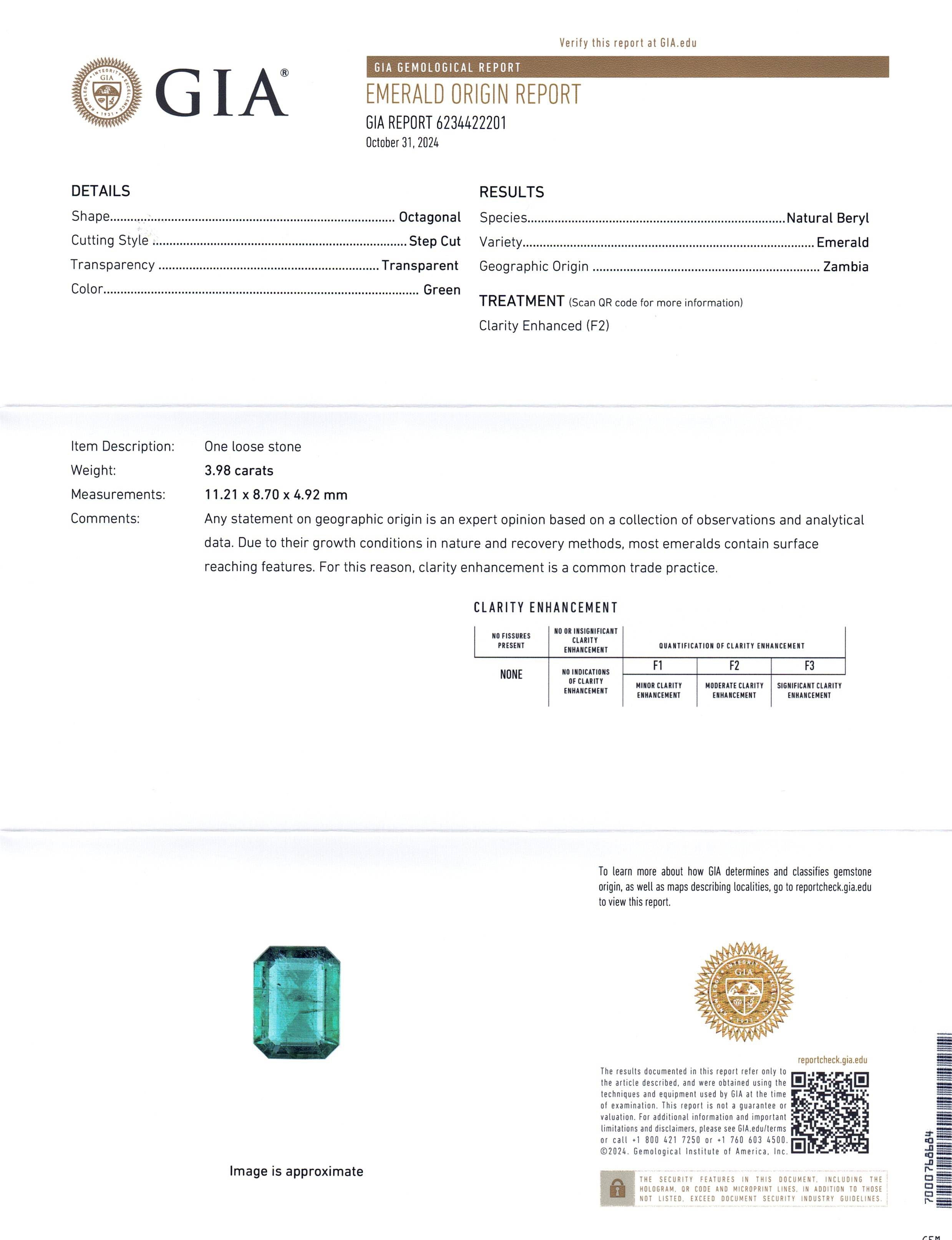 3.98ct Octagonal/Emerald Cut Green Emerald GIA Certified Zambia (F2) - Skyjems Wholesale Gemstones