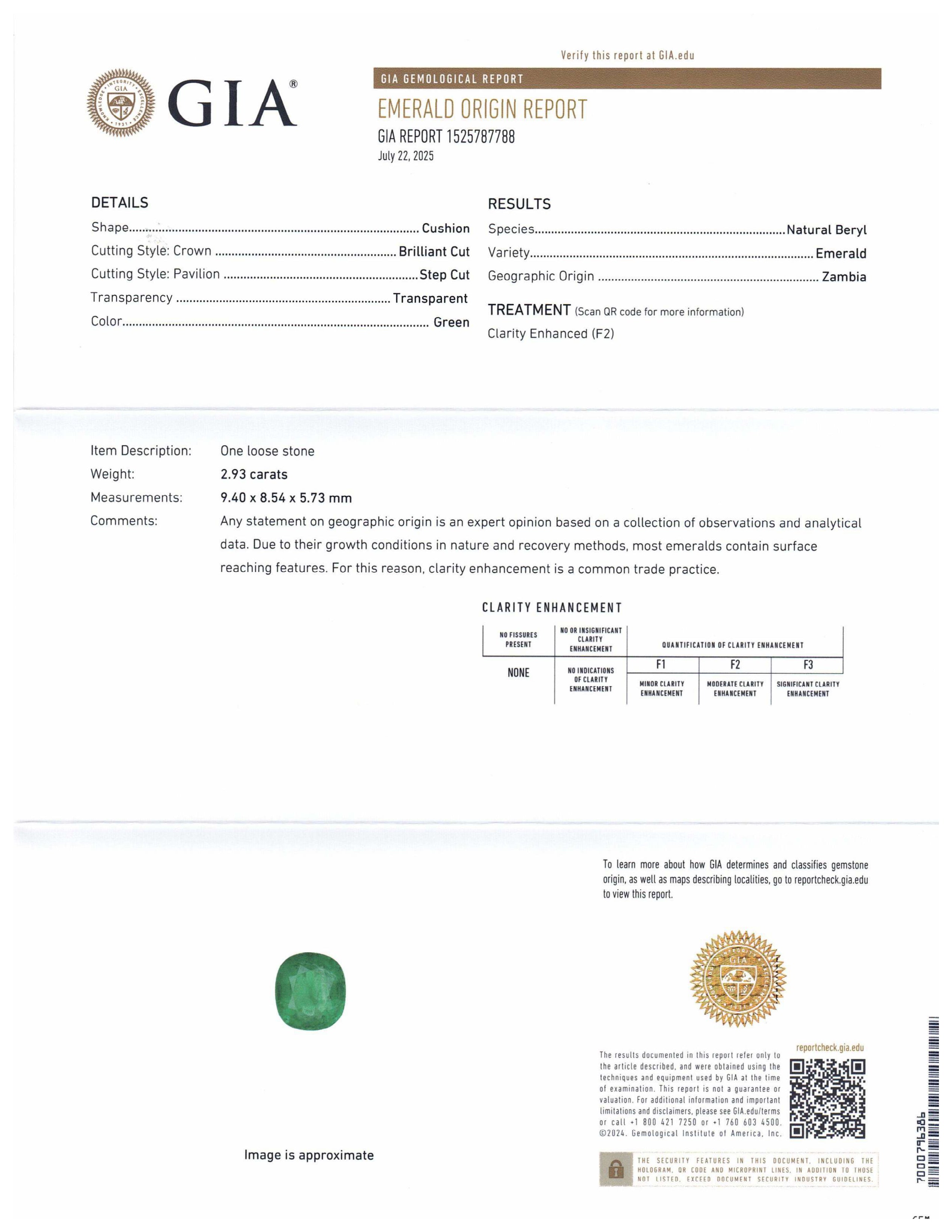 2.93ct Cushion Green Emerald GIA Certified Zambia (F2) - Skyjems Wholesale Gemstones