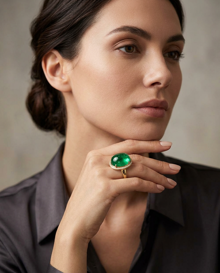 Oval double cabochon green emerald 3.29ct, vivid green, eye clean, GIA certified — Skyjems