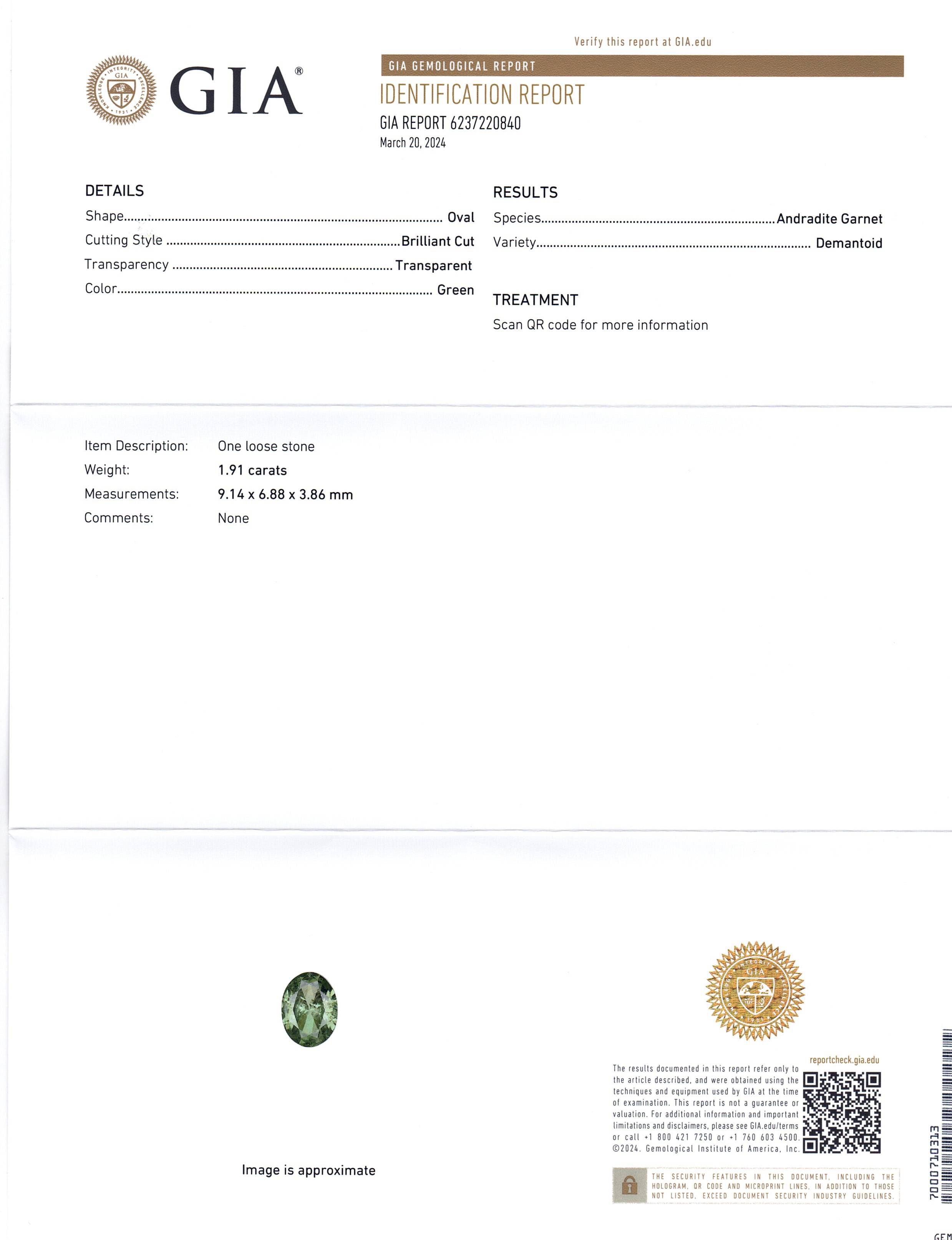1.91ct Oval Green Demantoid GIA Certified Unheated - Skyjems Wholesale Gemstones