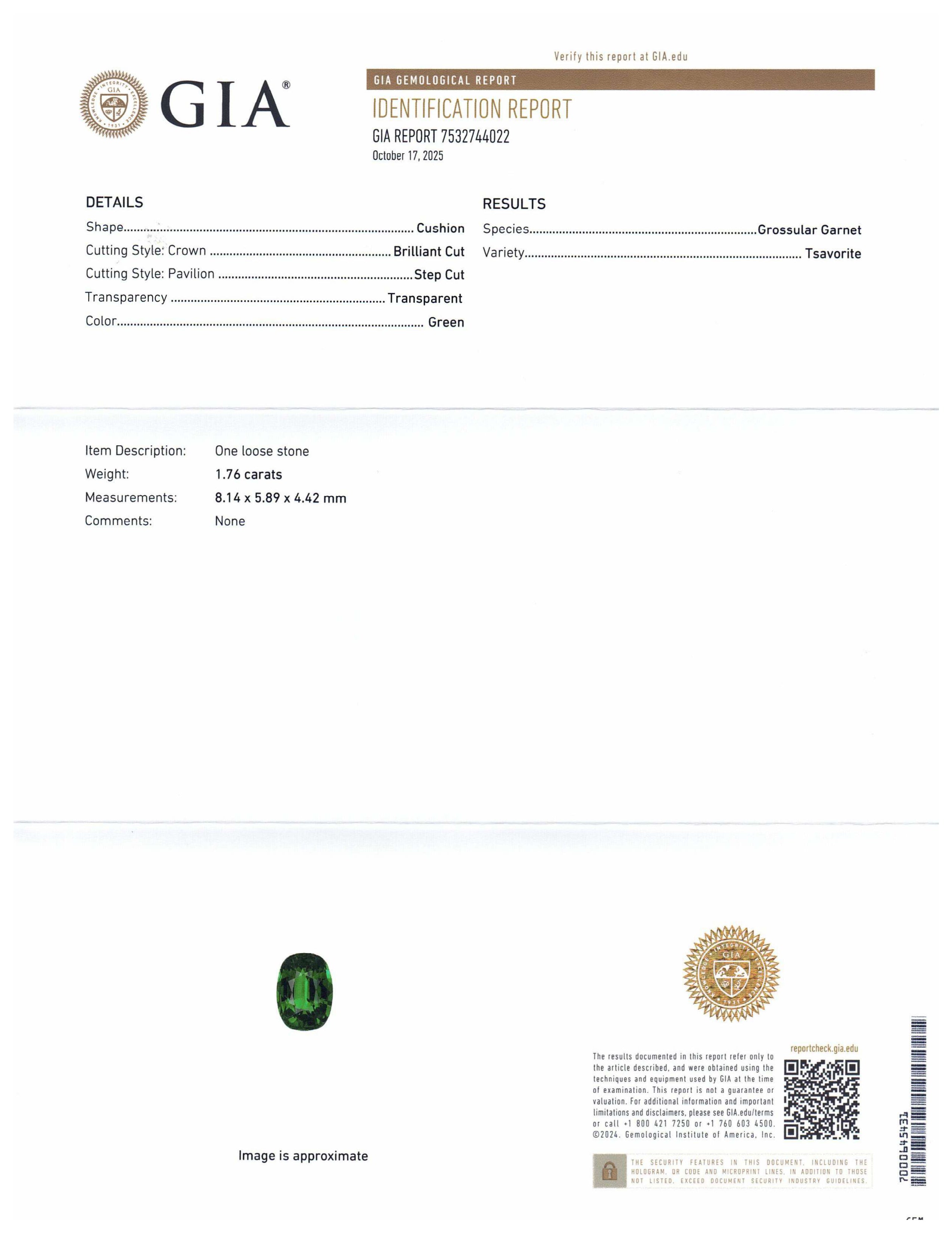 1.76ct Cushion Green Tsavorite Garnet GIA Certified, Unheated - Skyjems Wholesale Gemstones