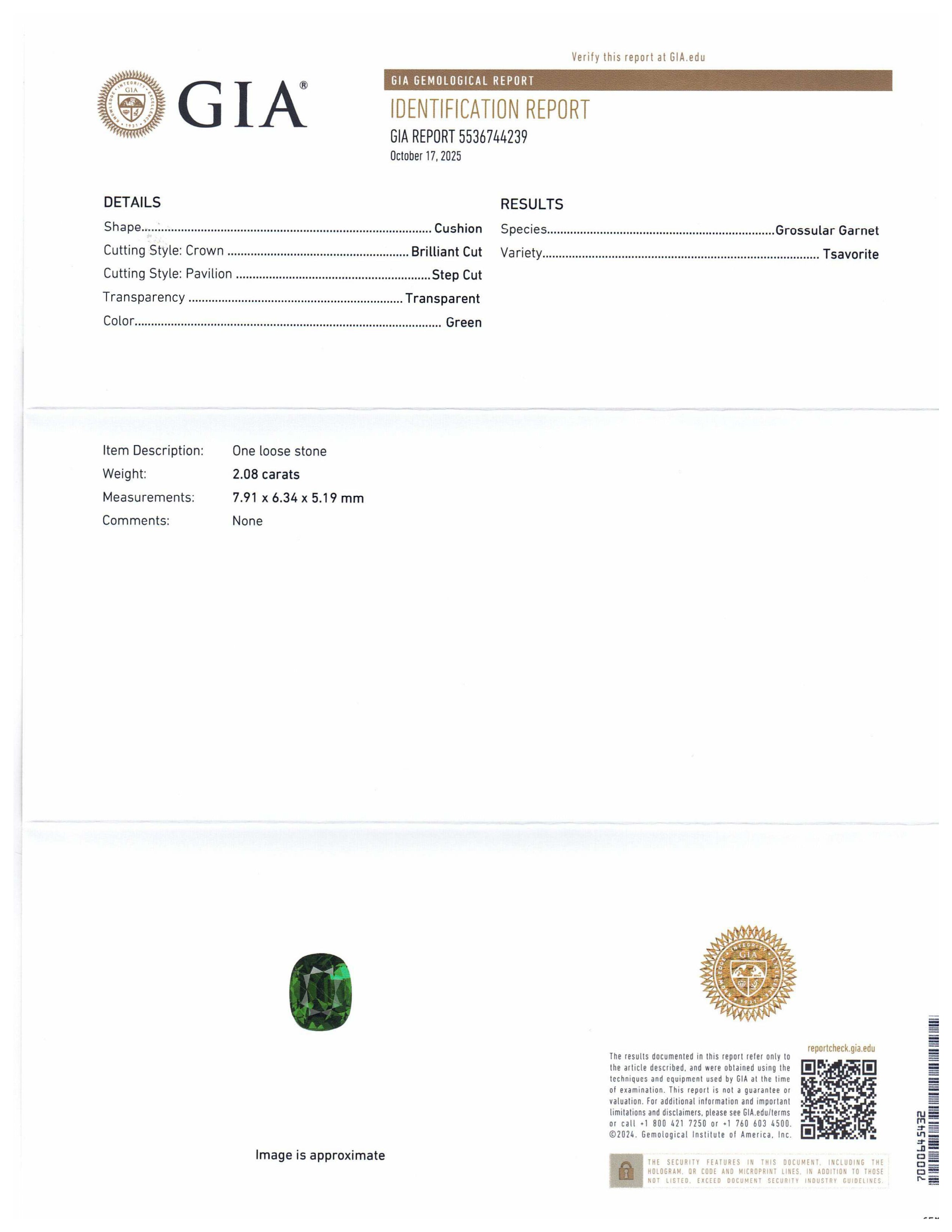 2.08ct Cushion Green Tsavorite Garnet GIA Certified, Unheated - Skyjems Wholesale Gemstones