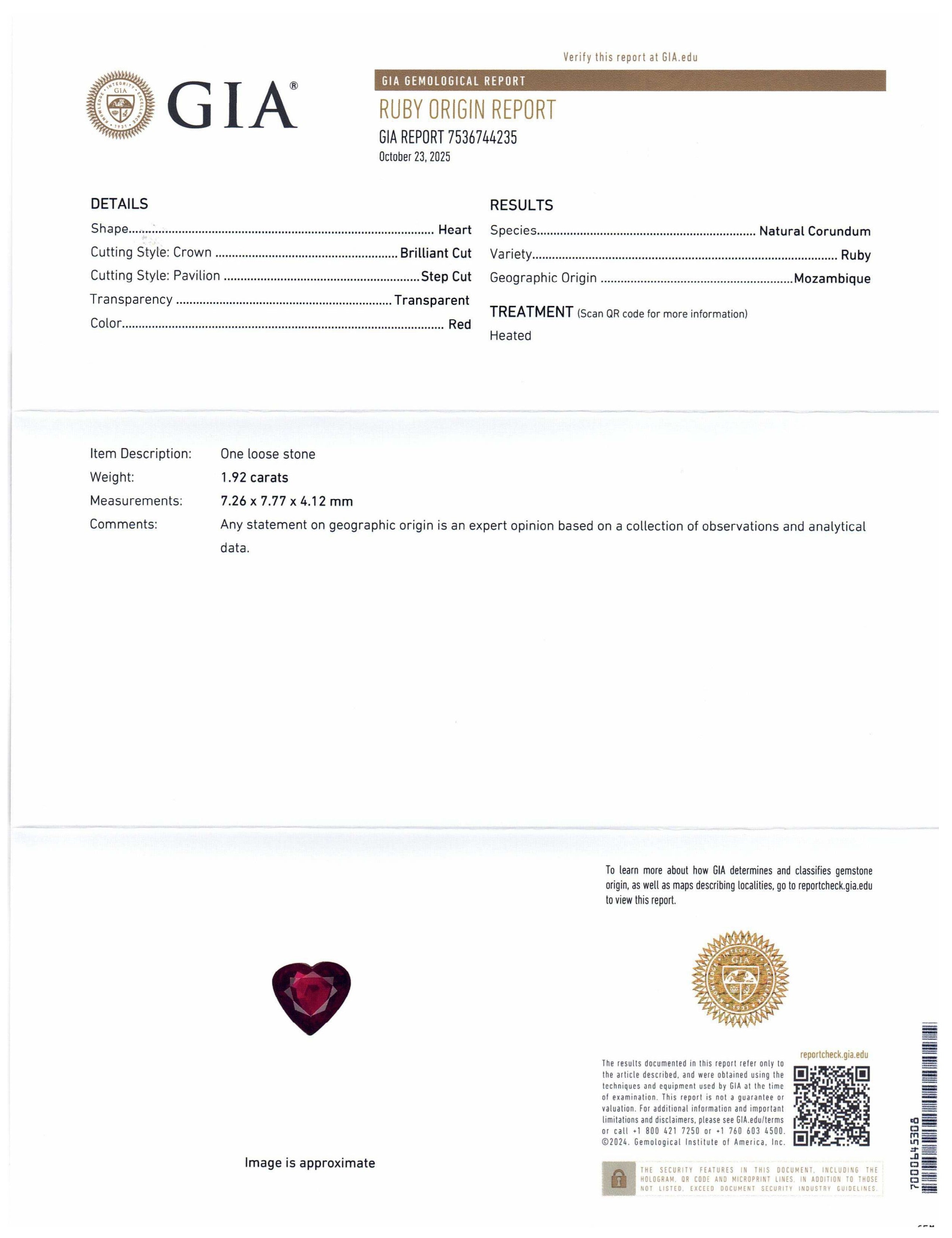 1.92ct Heart-Cut Red Ruby from Mozambique, GIA Certified Natural Gemstone by SkyJems Canada