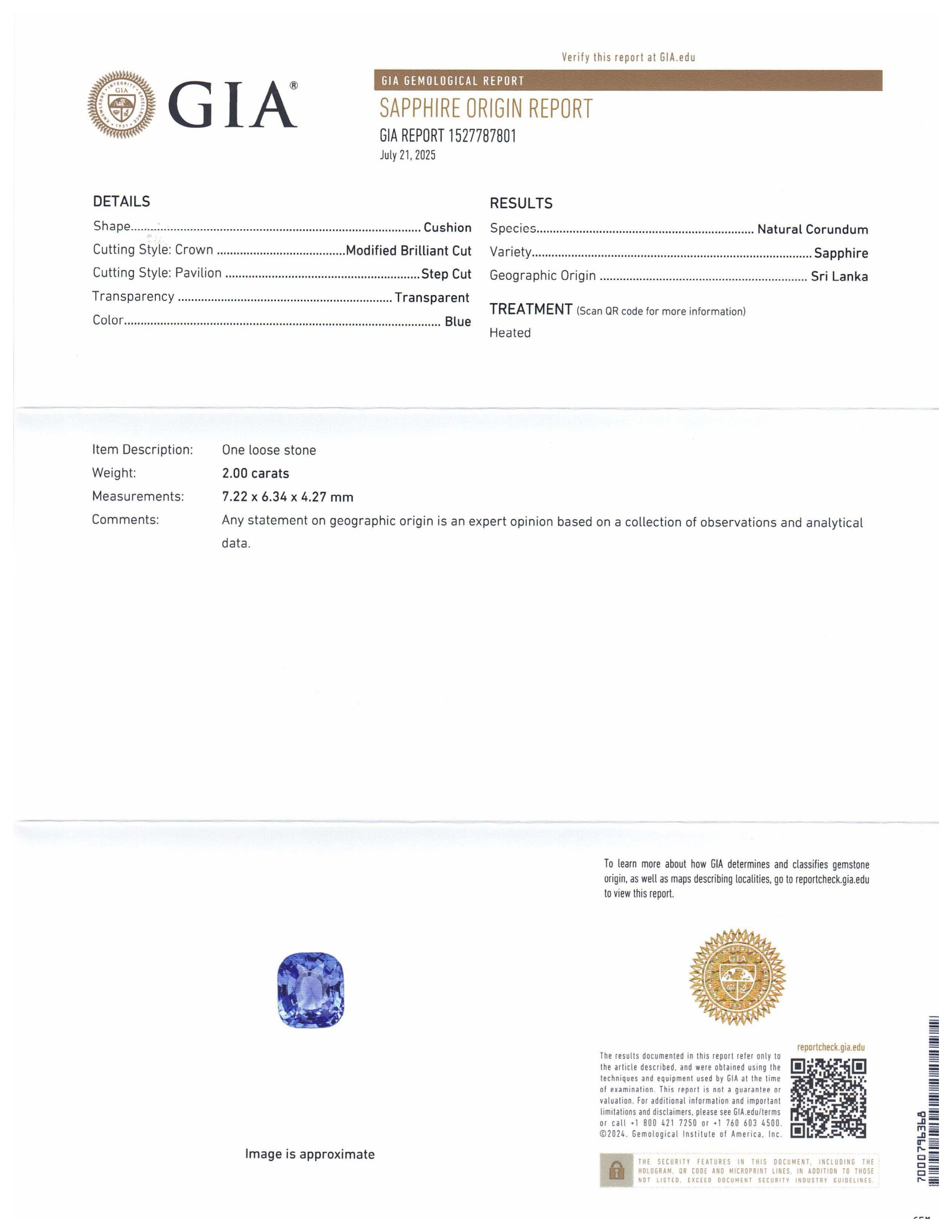 2 carat cushion-cut blue sapphire from Sri Lanka, GIA certified natural gemstone by SkyJems Canadian gem specialists