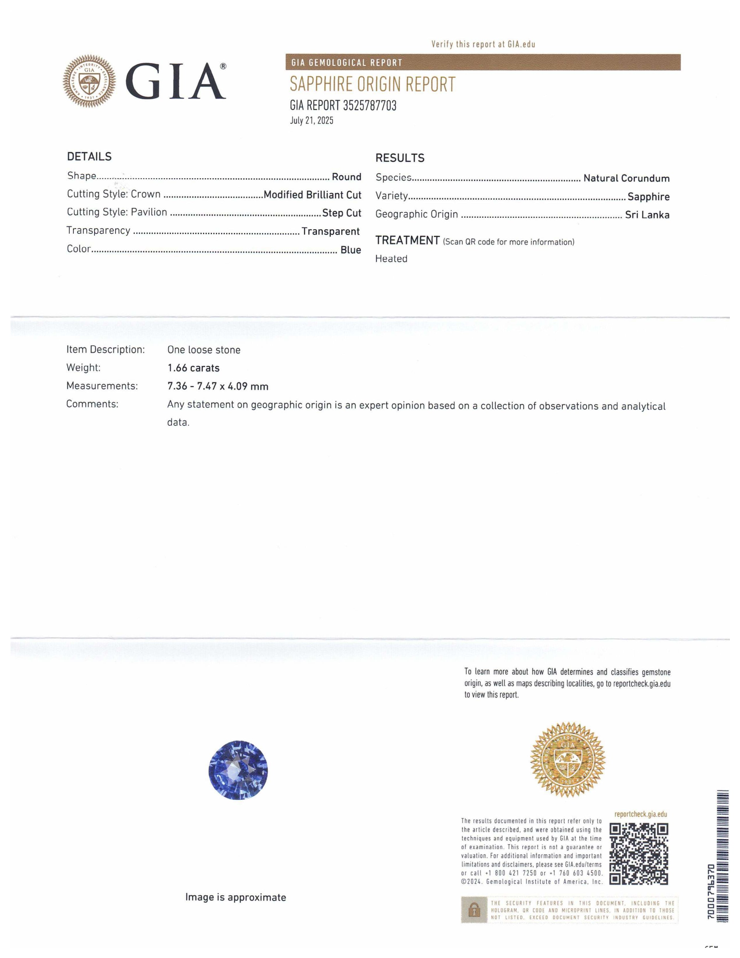 1.66ct Round Blue Sapphire GIA Certified Sri Lanka - Skyjems Wholesale Gemstones