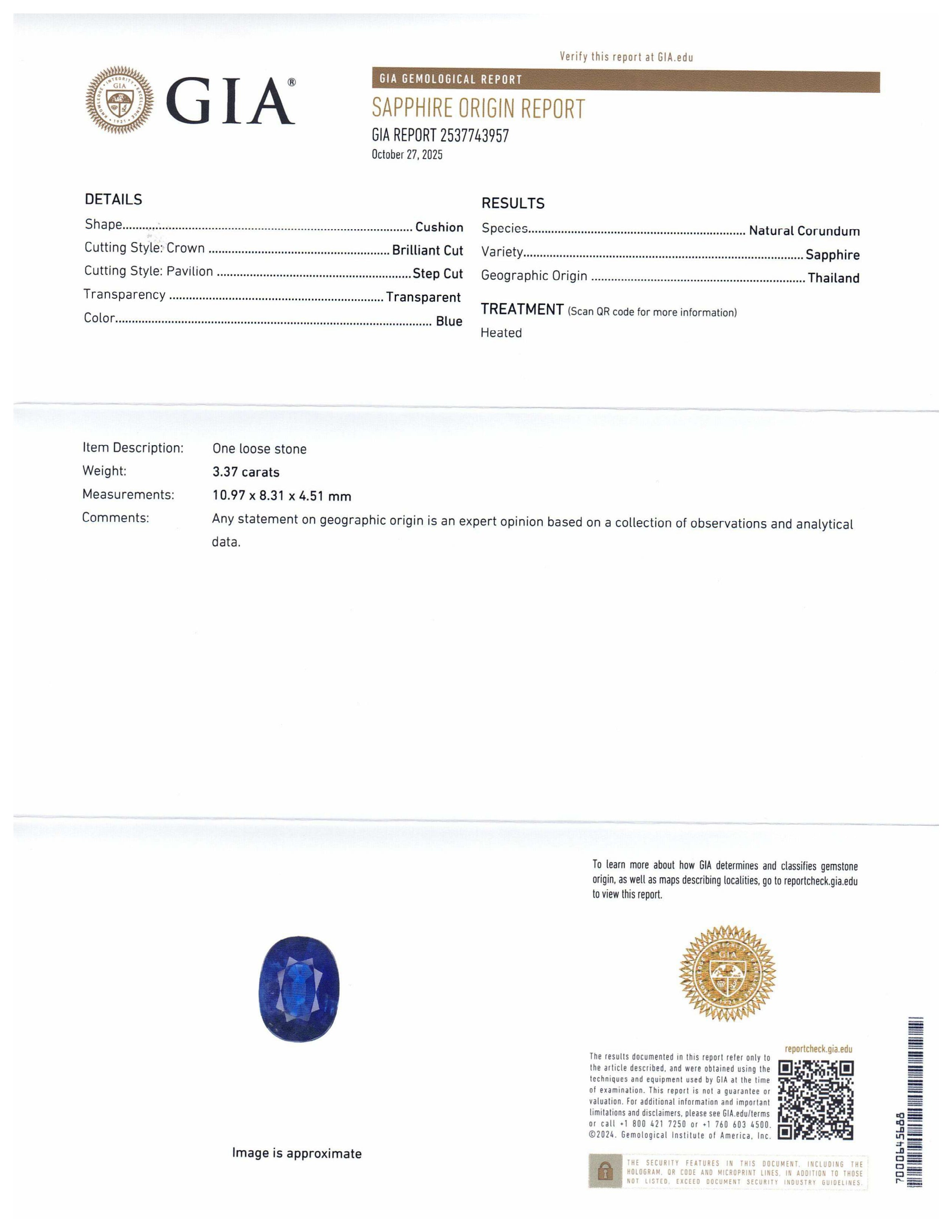 3.37ct Cushion Blue Sapphire GIA Certified Thailand - Skyjems Wholesale Gemstones