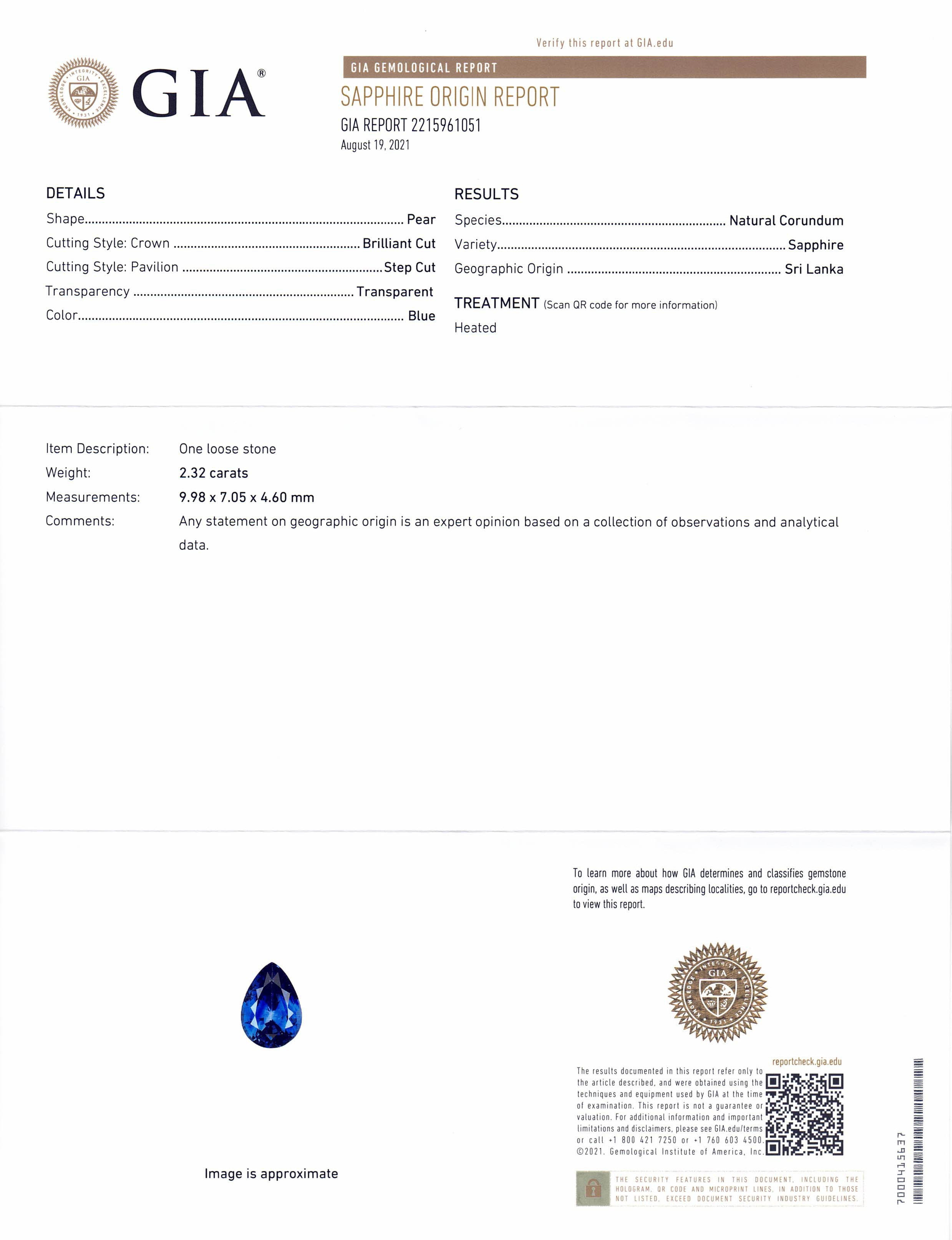 2.32ct Blue Pear Sapphire from Sri Lanka, GIA Certified Natural Gemstone by SkyJems Canadian Gem Experts