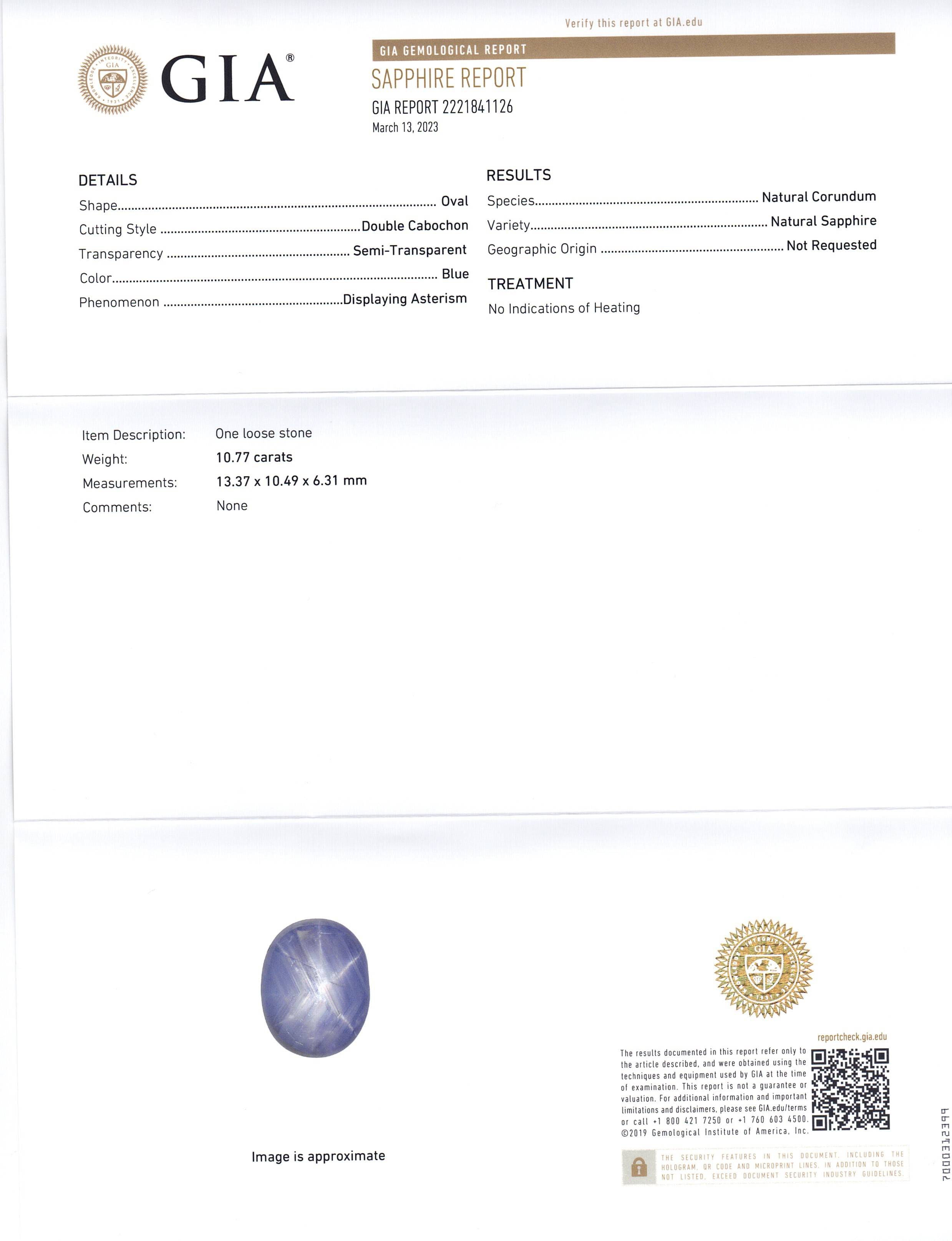 10.77ct Natural Blue Star Sapphire Oval Cabochon, GIA Certified Gemstone from SkyJems Canadian Gem Experts