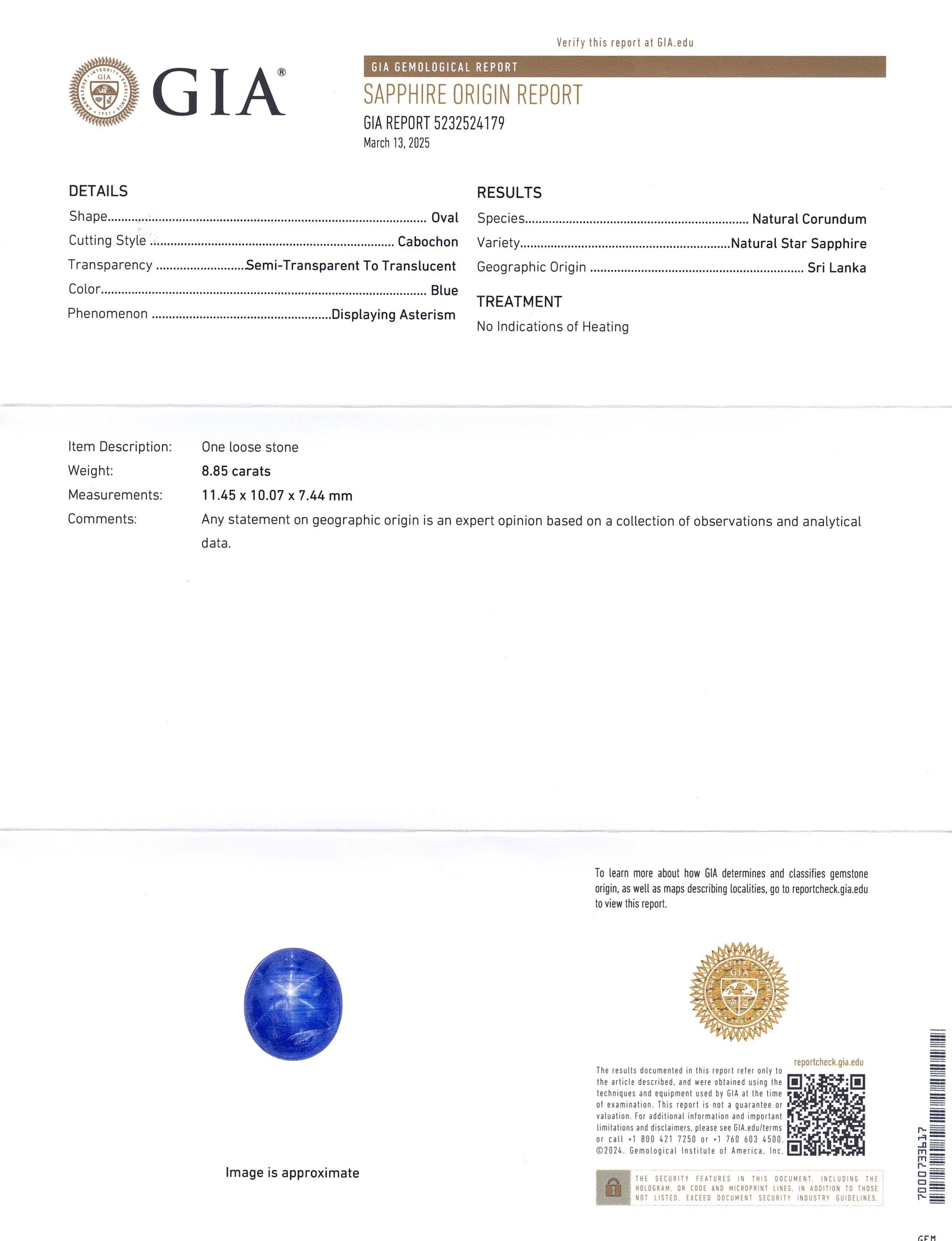 8.85ct Oval Blue Star Sapphire GIA Certified Sri Lanka Unheated - Skyjems Wholesale Gemstones