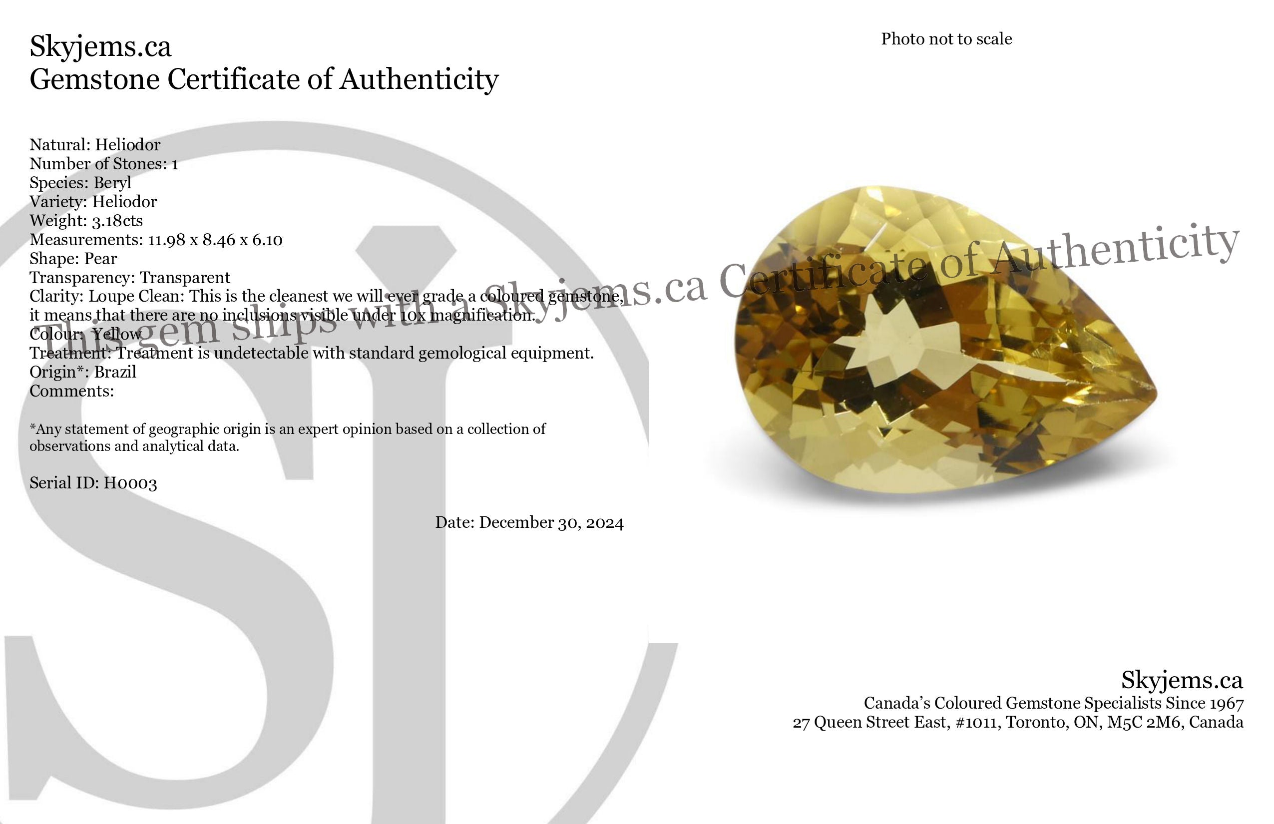 3.18ct Brazilian Golden Yellow Heliodor Pear Beryl Gemstone from SkyJems Rare Gem Collection