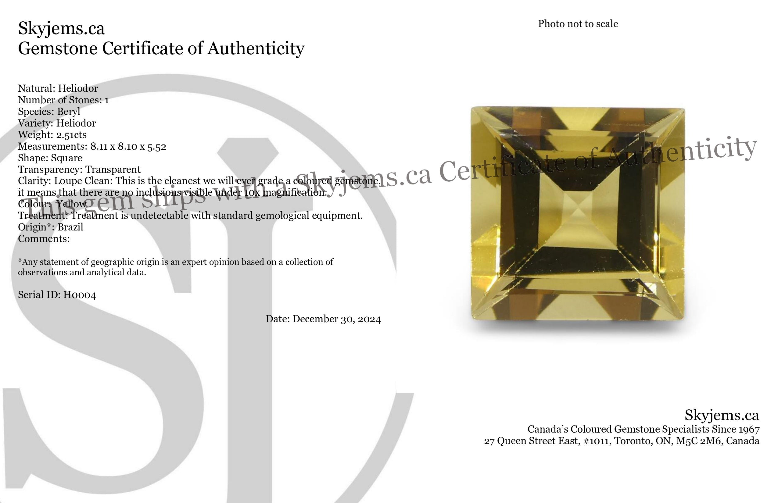 2.51ct Square Golden Yellow Heliodor Beryl from Brazil, premium single gemstone by SkyJems Canadian gem specialists