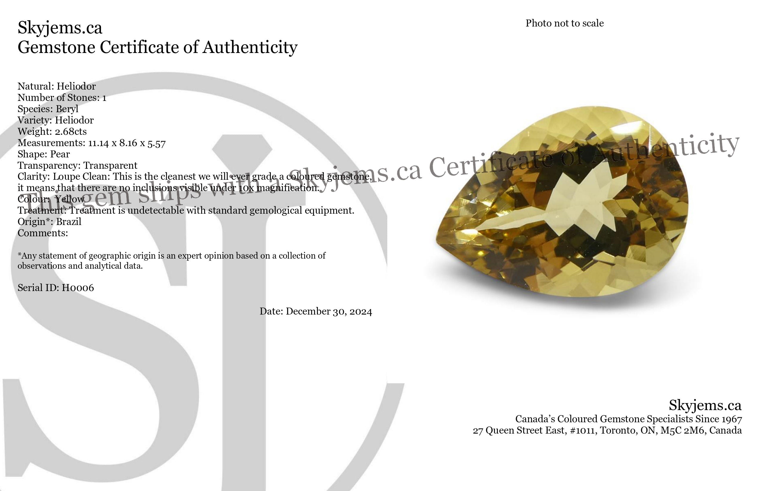 2.68ct Brazilian Golden Yellow Heliodor Pear Beryl Gemstone from SkyJems Rare Gem Collection