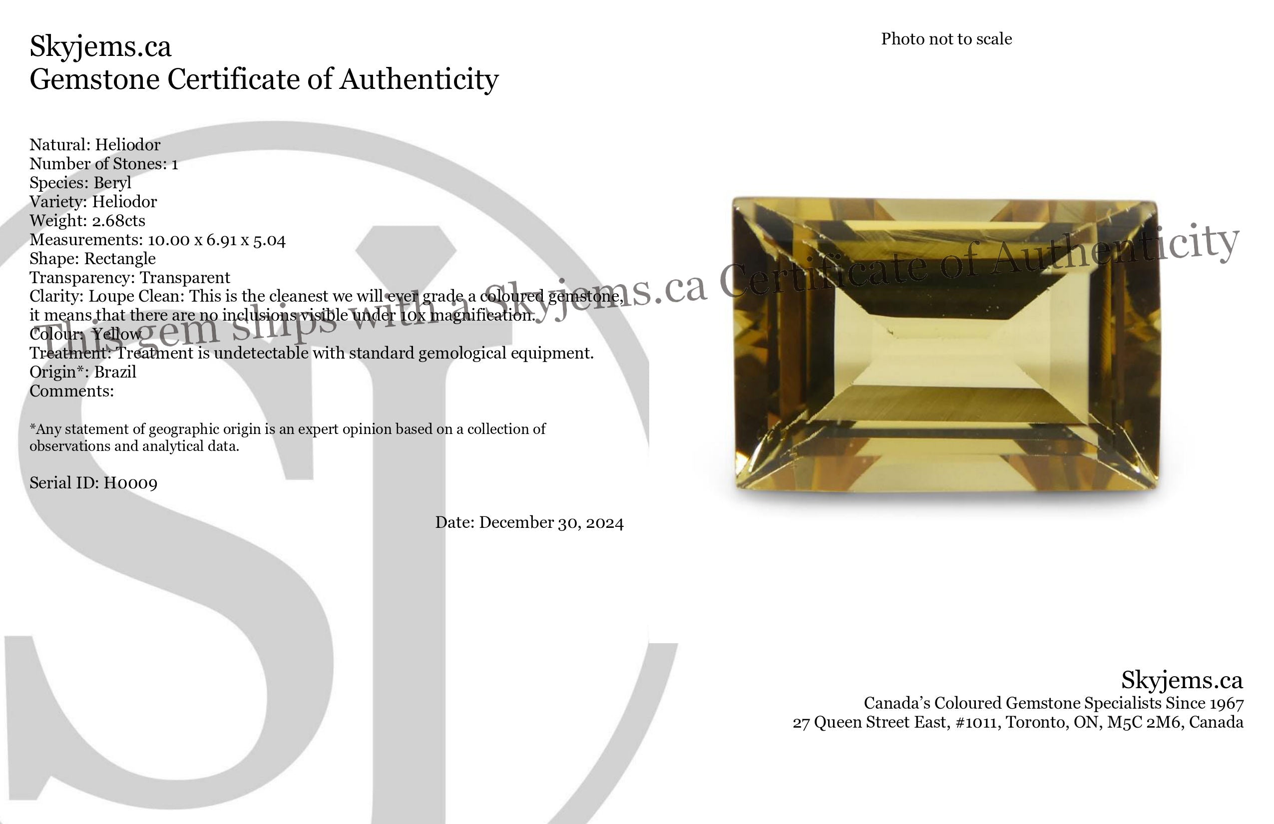 2.68ct Golden Yellow Heliodor Beryl from Brazil, rectangular step-cut gemstone by SkyJems Canadian gem specialists