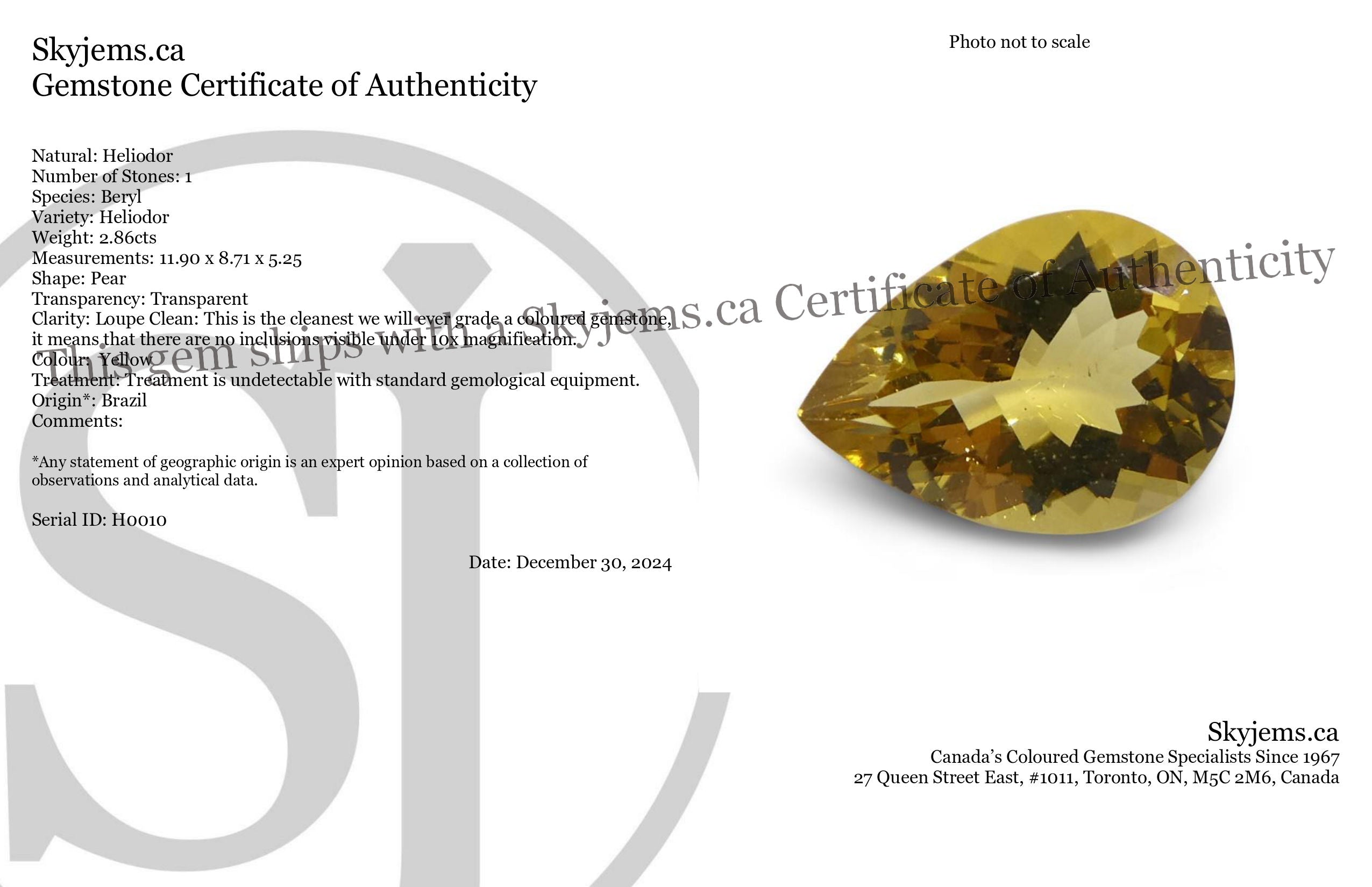 2.86ct Brazilian Pear Heliodor, golden yellow beryl gemstone from SkyJems Canadian gem specialists