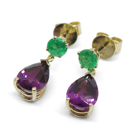 3.41ct Rhodolite Garnet & Emerald Earrings set in 14k Yellow Gold