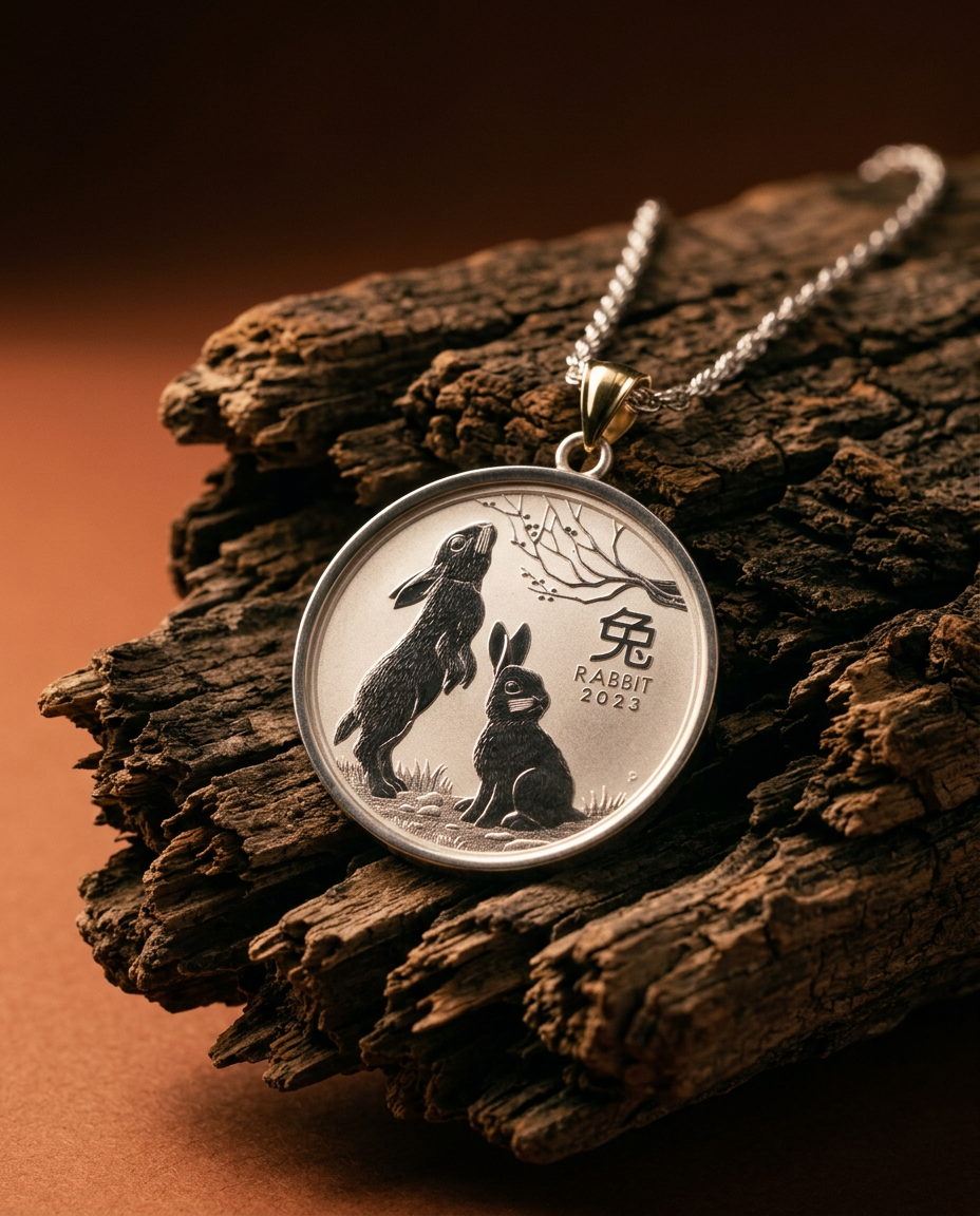 SkyJems Australian Year of the Rabbit Silver Coin Pendant with 14k Yellow Gold Bail, Lunar Zodiac Jewelry