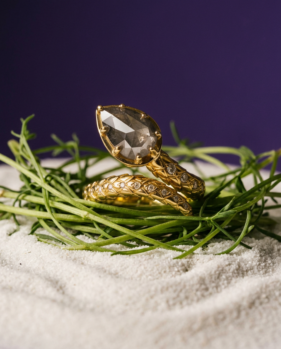 SkyJems 3.45ct Grey White Diamond Snake Ring in 18k Yellow Gold - Luxury Mens Gemstone Statement Jewelry
