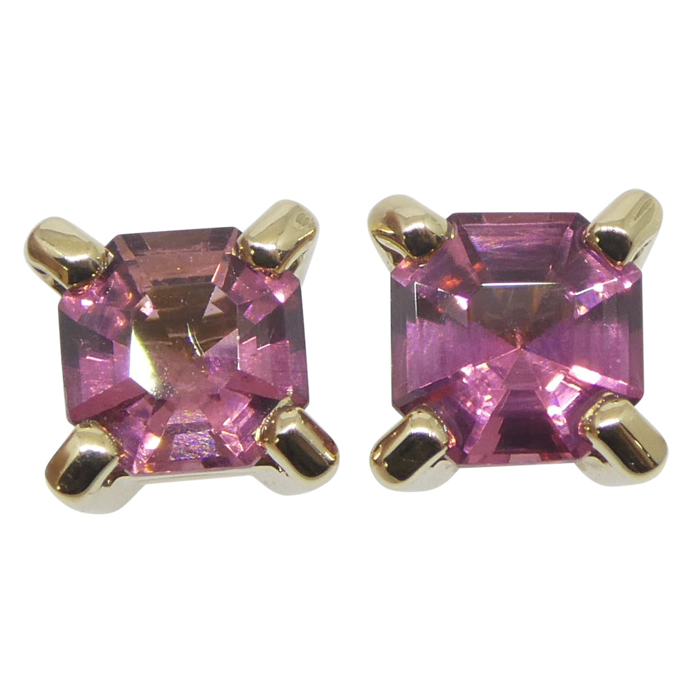 0.76ct Pair Asscher Cut Pink Tourmaline Stud Earrings set in 14k Yellow Gold - Skyjems Wholesale Gemstones