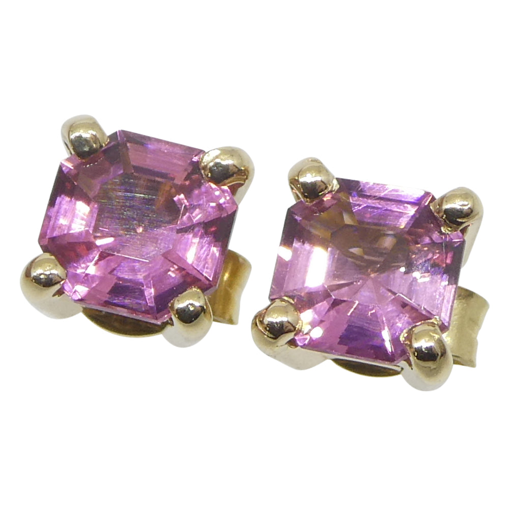 0.92ct Pair Asscher Cut Pink Tourmaline Stud Earrings set in 14k Yellow Gold - Skyjems Wholesale Gemstones