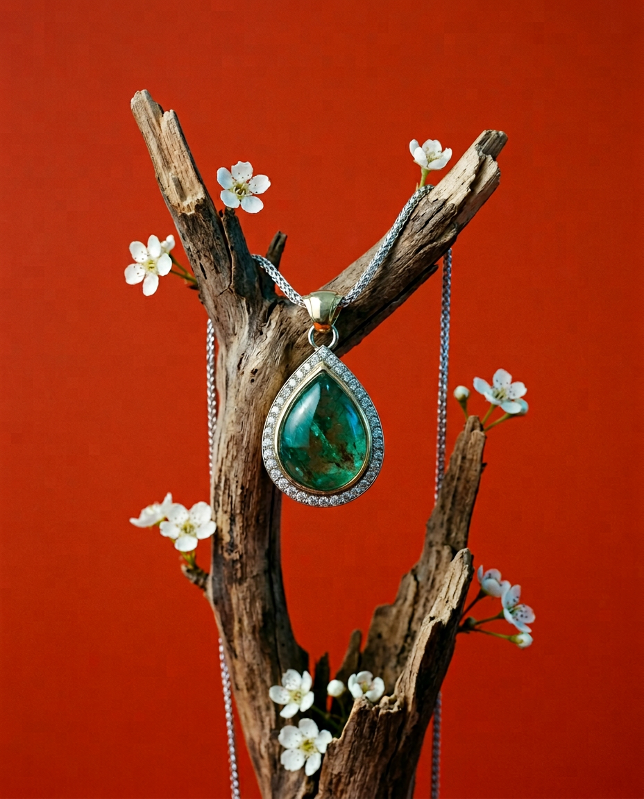 Luxurious 11.85ct Green Pear Emerald Diamond Pendant in 14k Two-Tone Gold by SkyJems Canadian Jewellers