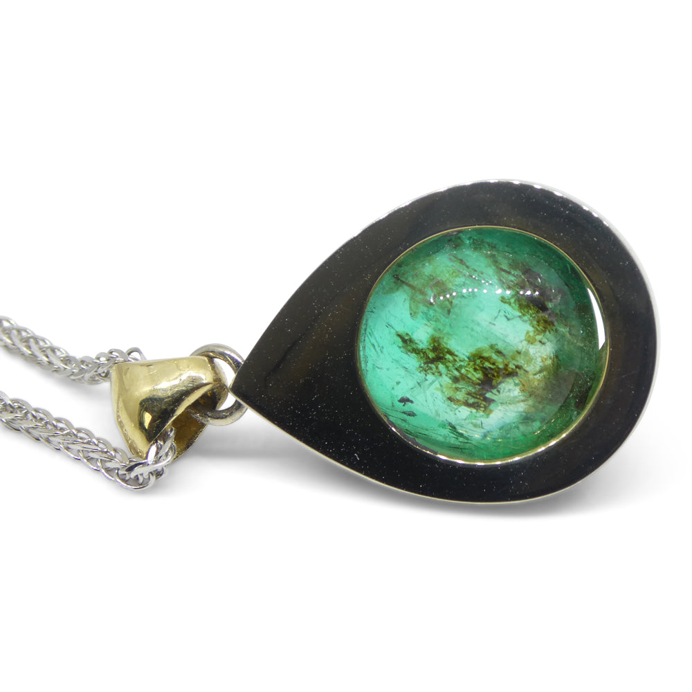 11.85ct Pear Cabochon Emerald, Diamond Pendant set in 14k White and Yellow Gold - Skyjems Wholesale Gemstones