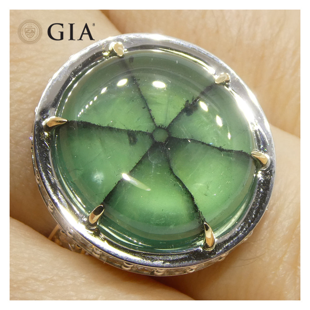16.51ct Trapiche Green Emerald (F1), Diamond Statement Ring set in 18k White/Yellow Gold, GIA Certified Colombia - Skyjems Wholesale Gemstones