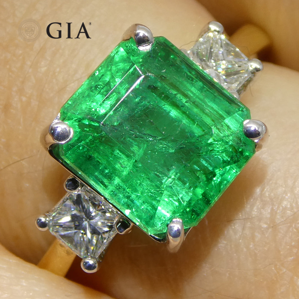 3.64ct Green Emerald, Diamond Ring set in 18k White and Yellow Gold, GIA Certified Zambian - Skyjems Wholesale Gemstones