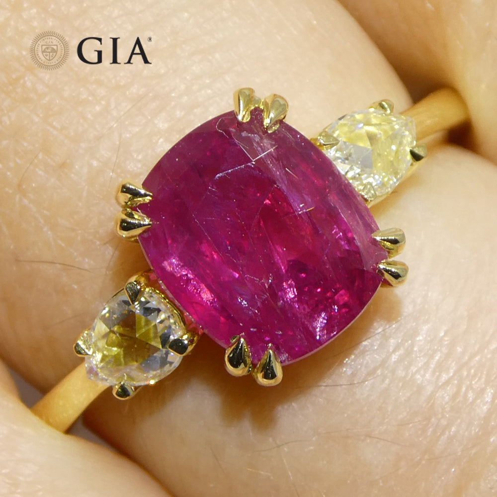 3.01ct Cushion Red Ruby, Rose Cut Diamond Engagement Ring set in 18k Yellow Gold, GIA Certified Unheated - Skyjems Wholesale Gemstones