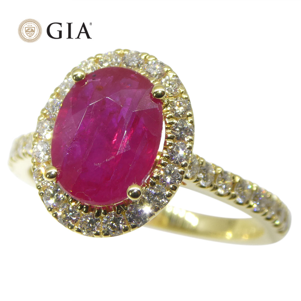2.18ct Oval Red Ruby, Diamond Halo Engagement Ring set in 18k Yellow Gold, GIA Certified Mozambique - Skyjems Wholesale Gemstones