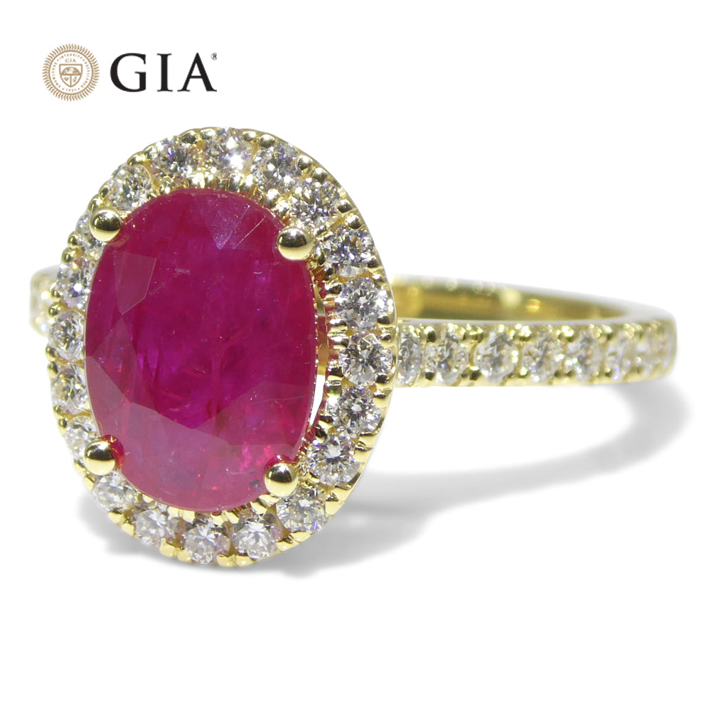 2.18ct Oval Red Ruby, Diamond Halo Engagement Ring set in 18k Yellow Gold, GIA Certified Mozambique - Skyjems Wholesale Gemstones