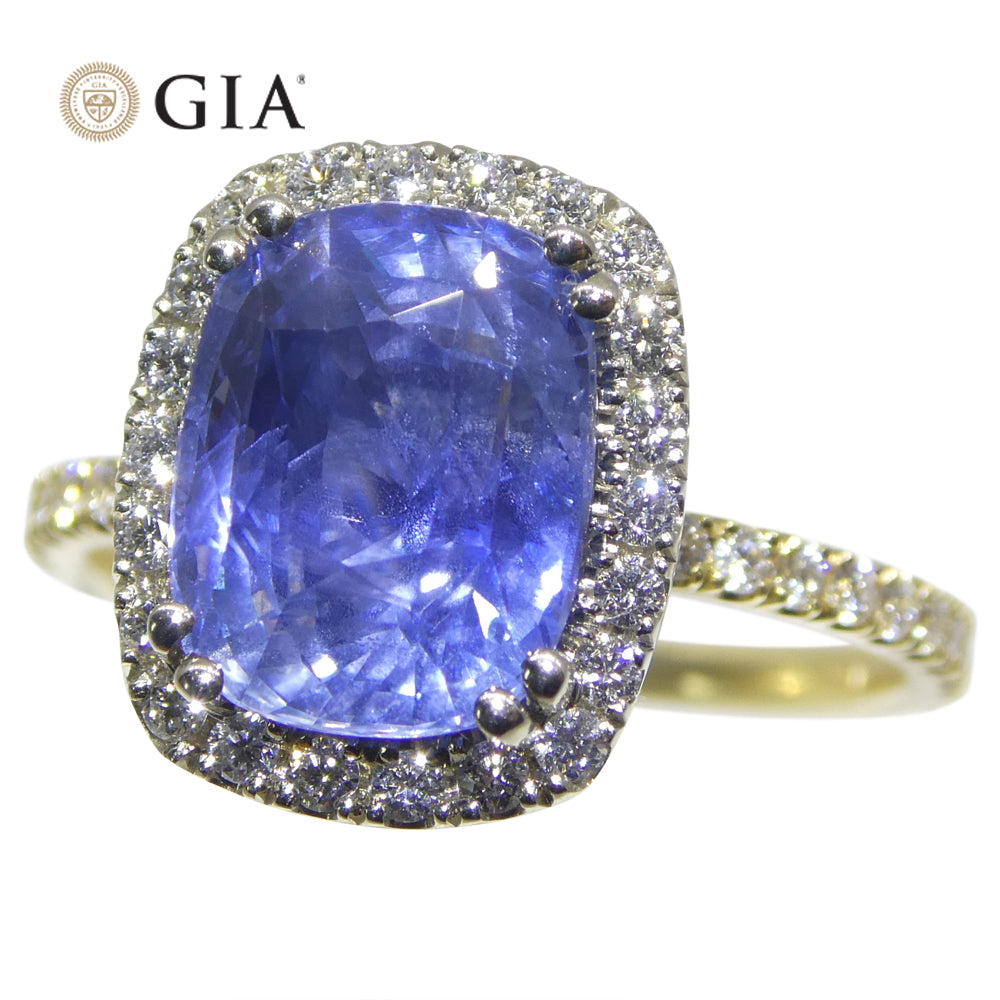 4.35ct Cushion Blue Sapphire, Diamond Ring set in 18k White and Yellow Gold, GIA Certified Unheated, Sri Lanka - Skyjems Wholesale Gemstones