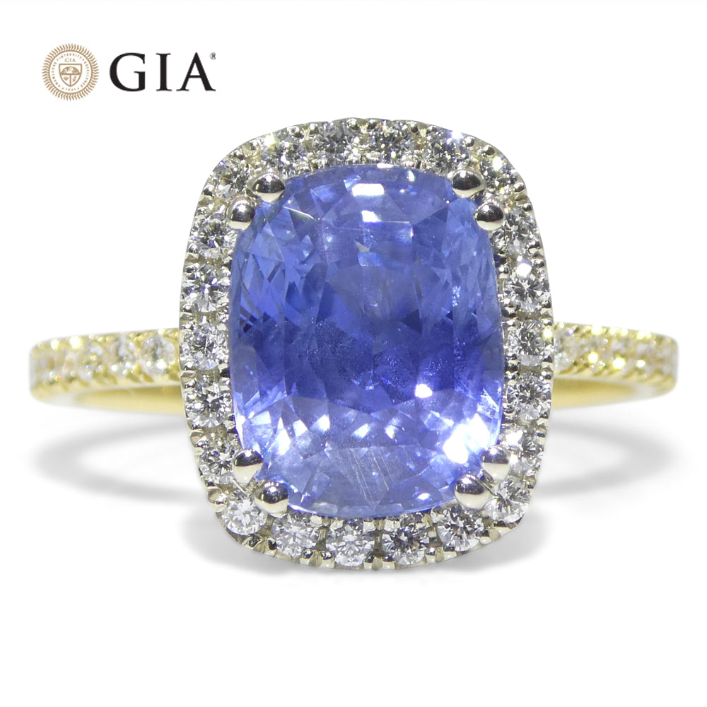 4.35ct Cushion Blue Sapphire, Diamond Ring set in 18k White and Yellow Gold, GIA Certified Unheated, Sri Lanka - Skyjems Wholesale Gemstones