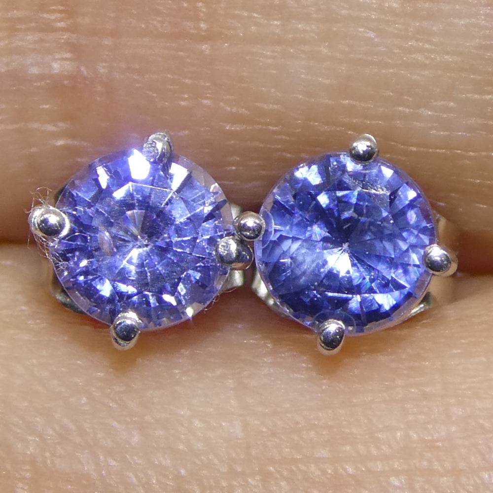 1.01ct Pair Round Blue Sapphire Stud Earrings set in 14k White Gold - Skyjems Wholesale Gemstones