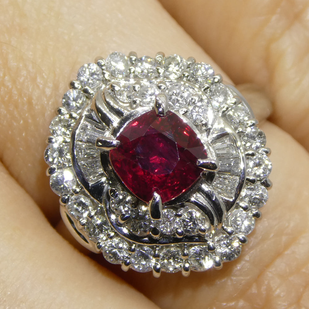 1.04ct Cushion Red Ruby, Diamond Cluster Engagement Ring set in Platinum - Skyjems Wholesale Gemstones