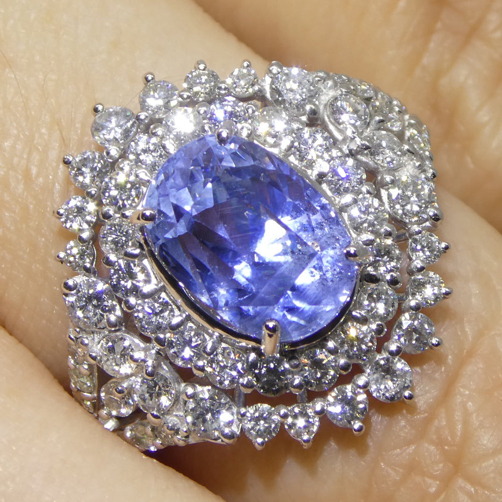 4.39ct Cushion Blue Sapphire, Diamond Halo Engagement Ring set in Platinum, Unheated - Skyjems Wholesale Gemstones