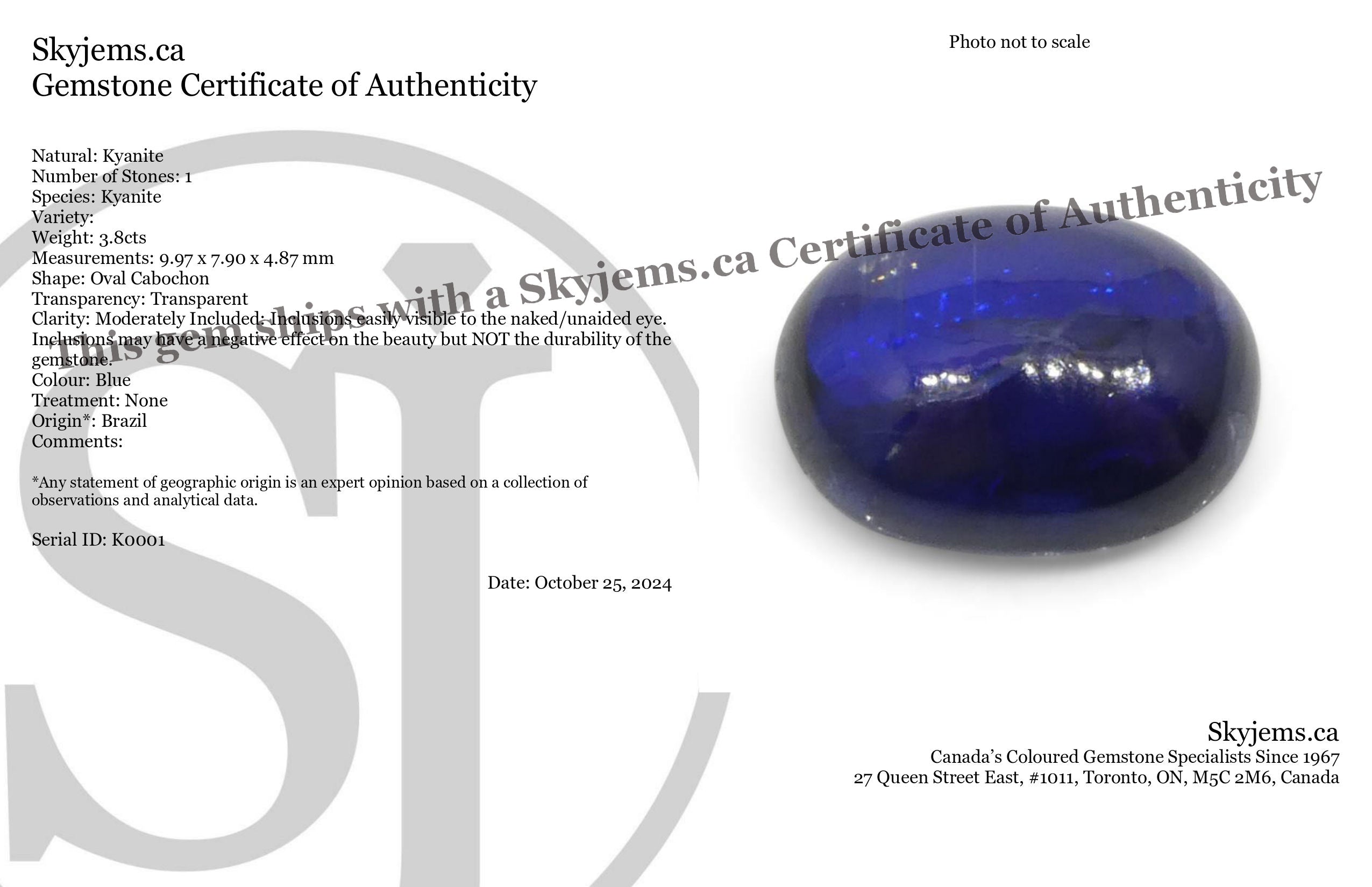 3.8ct Blue Kyanite Oval Cabochon from Brazil, premium single gemstone by SkyJems Canadian gem specialists