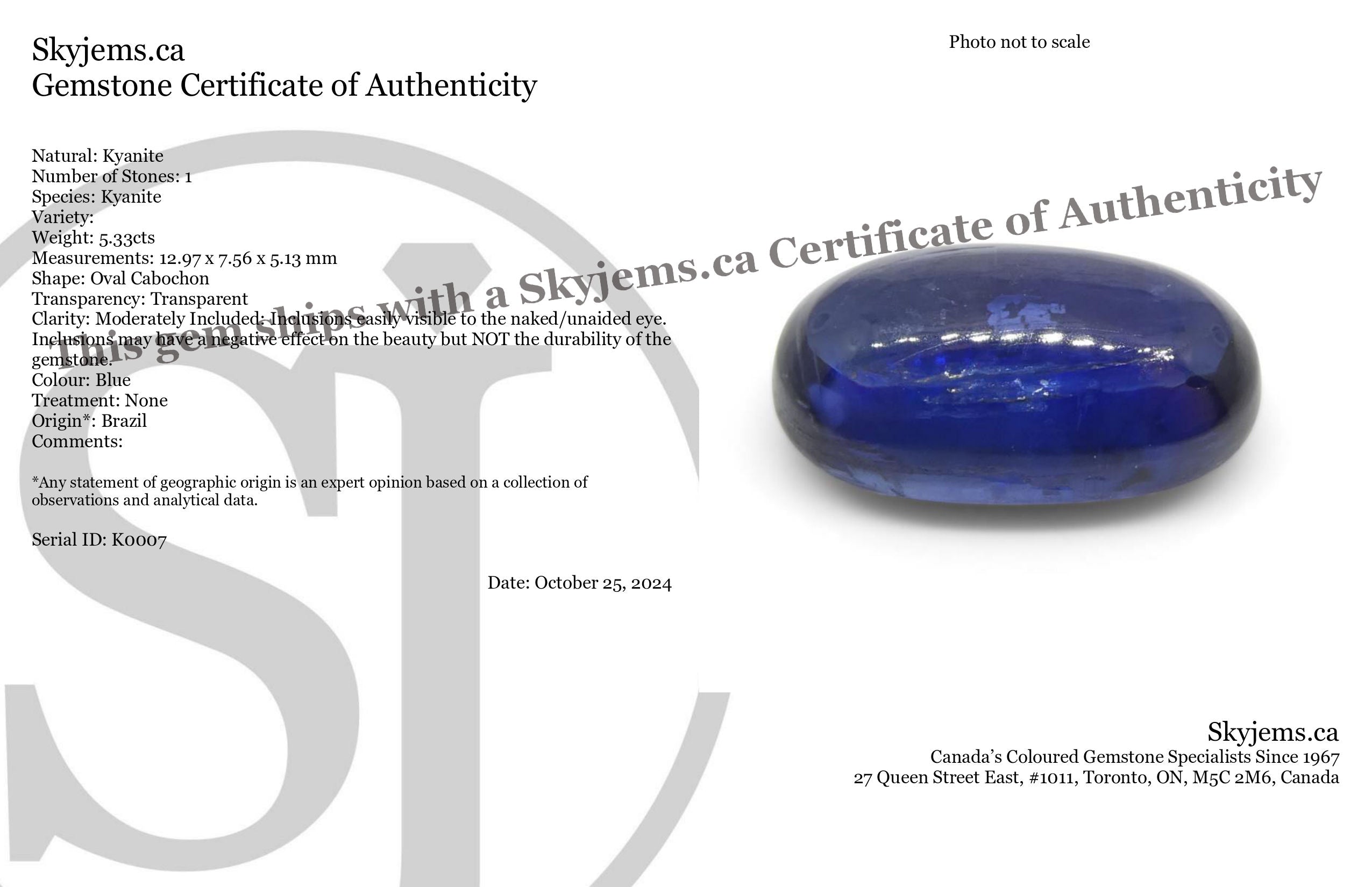 5.33ct Brazilian Blue Kyanite Oval Cabochon Gemstone from SkyJems, Rare Unheated Blue-Green Collector's Stone