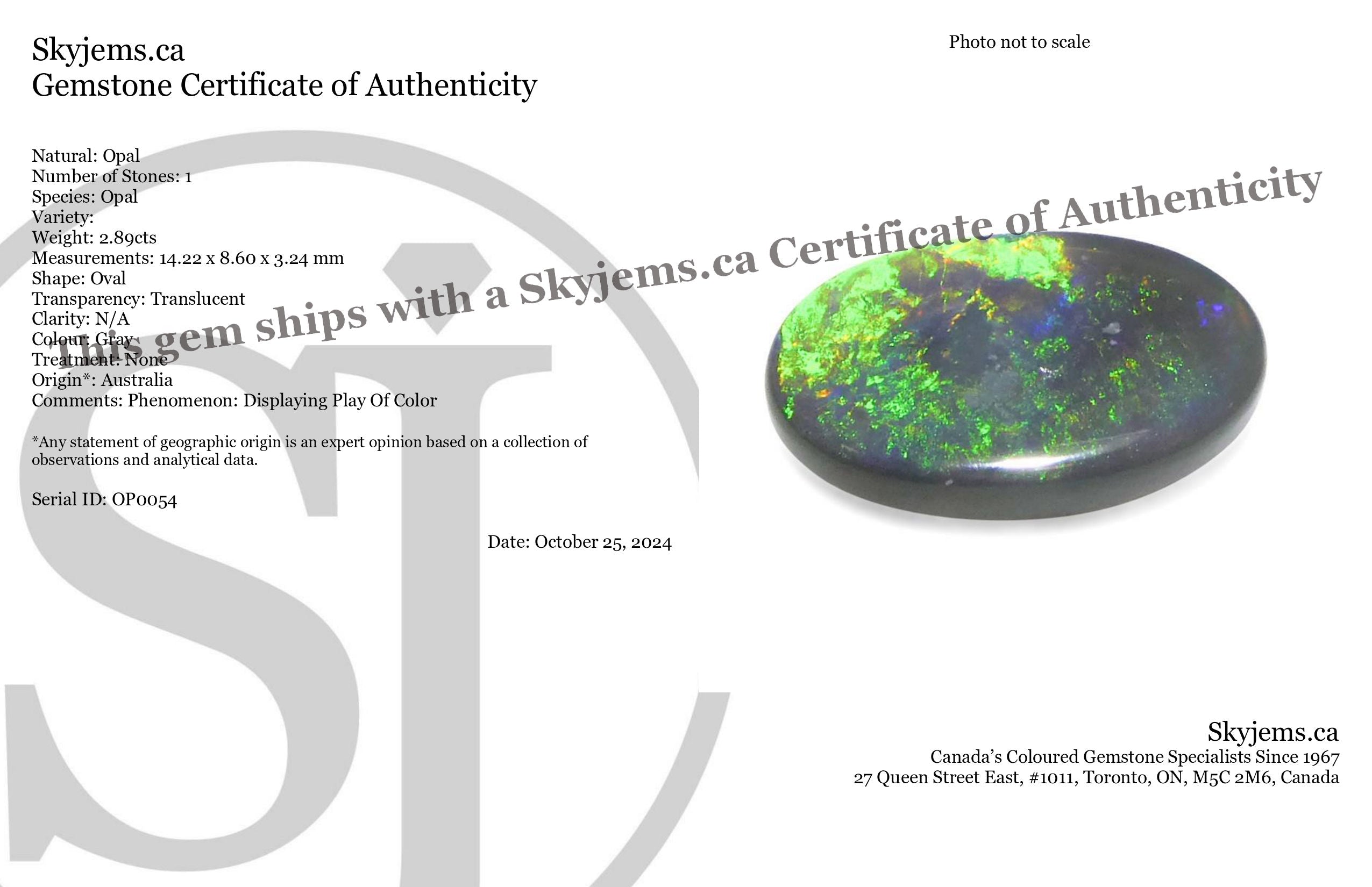 2.89ct Gray Oval Cabochon Opal from Australia, rare gemstone with play of color by SkyJems Canadian gem experts