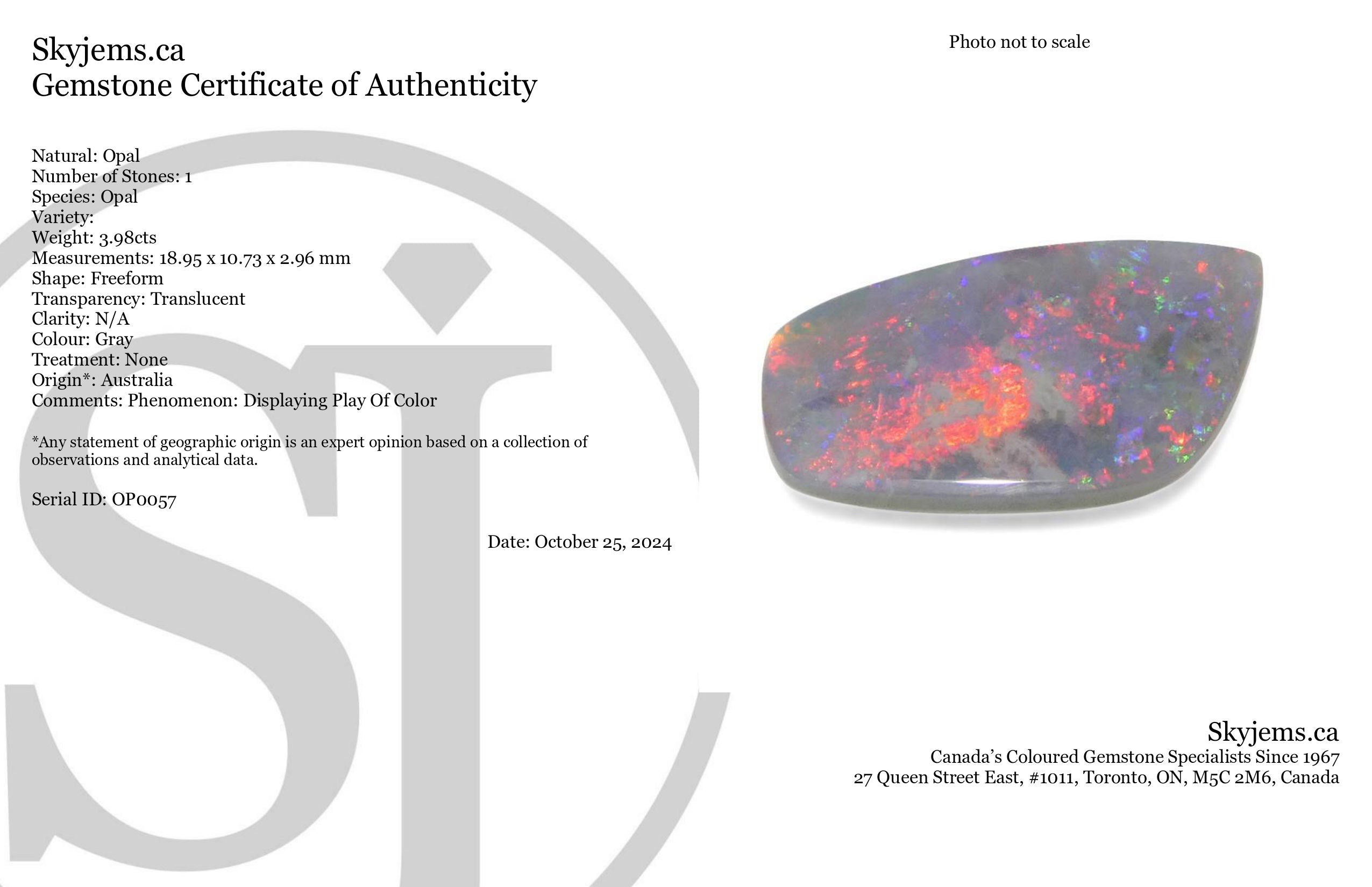 3.98ct Gray Australian Opal Cabochon with Play of Color by SkyJems, rare freeform gemstone from Down Under