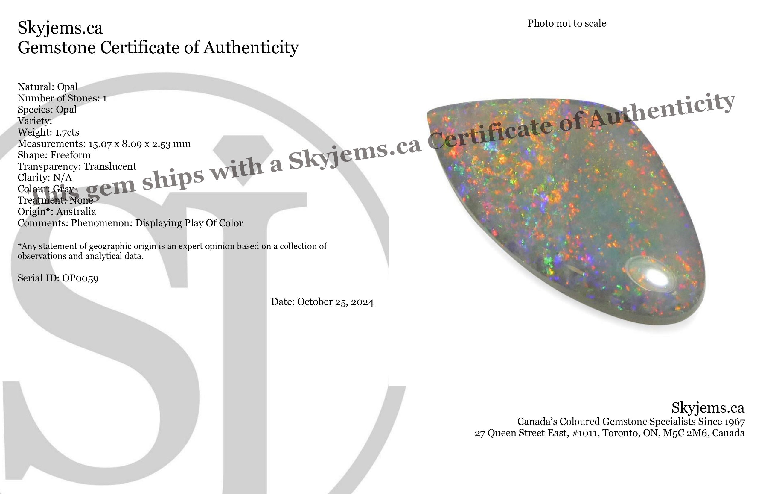 1.7ct Freeform Gray Australian Opal Cabochon with Play of Color by SkyJems, Rare Gemstone Collector's Piece