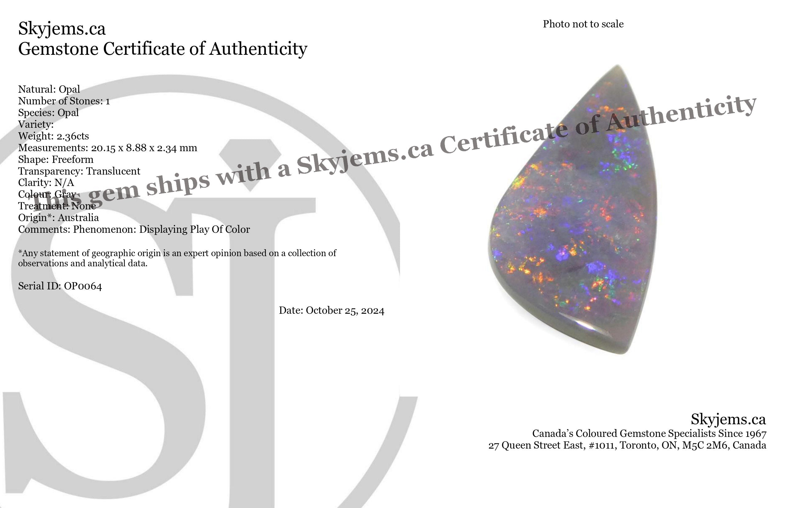 2.36ct Freeform Gray Australian Opal Cabochon with Play of Color by SkyJems, Rare Gemstone Collector's Specimen