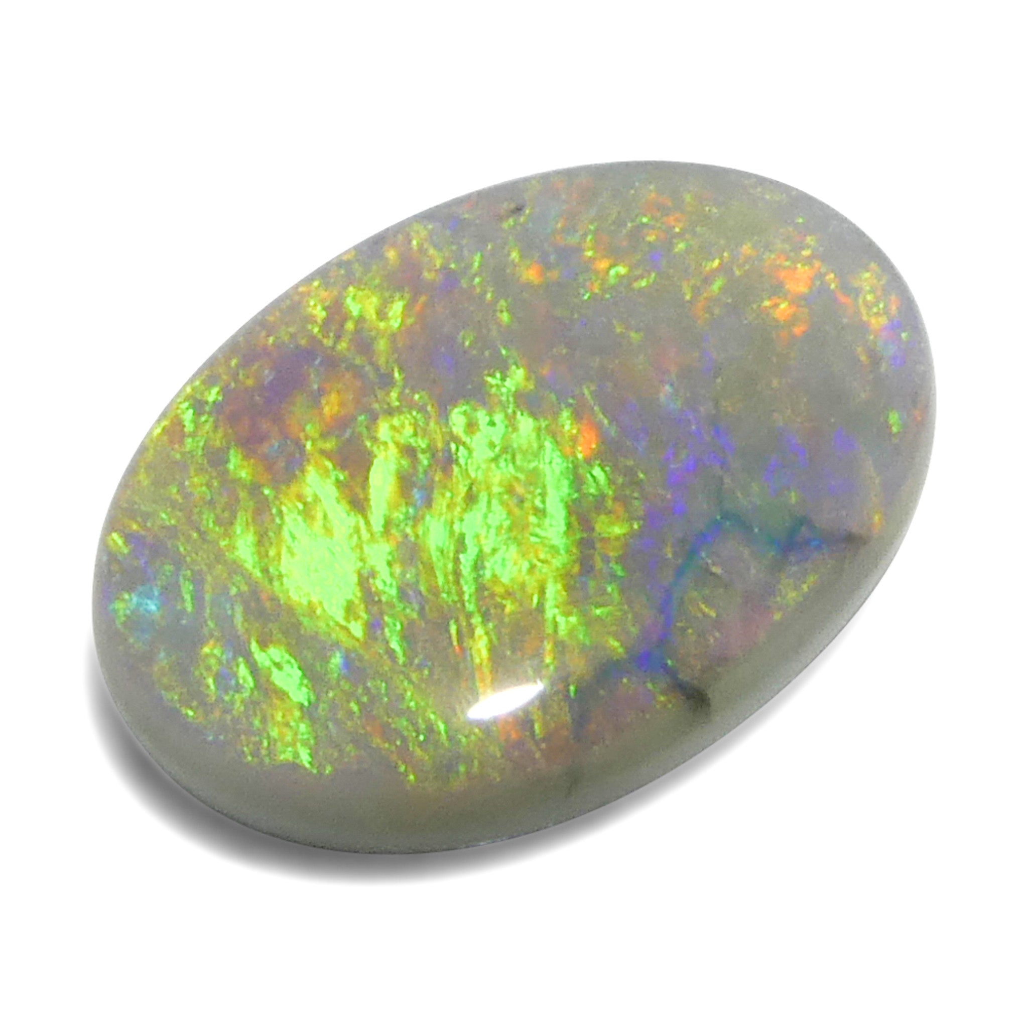 2-carat oval gray Australian opal cabochon with play of color, premium gemstone from SkyJems Canadian gem specialists