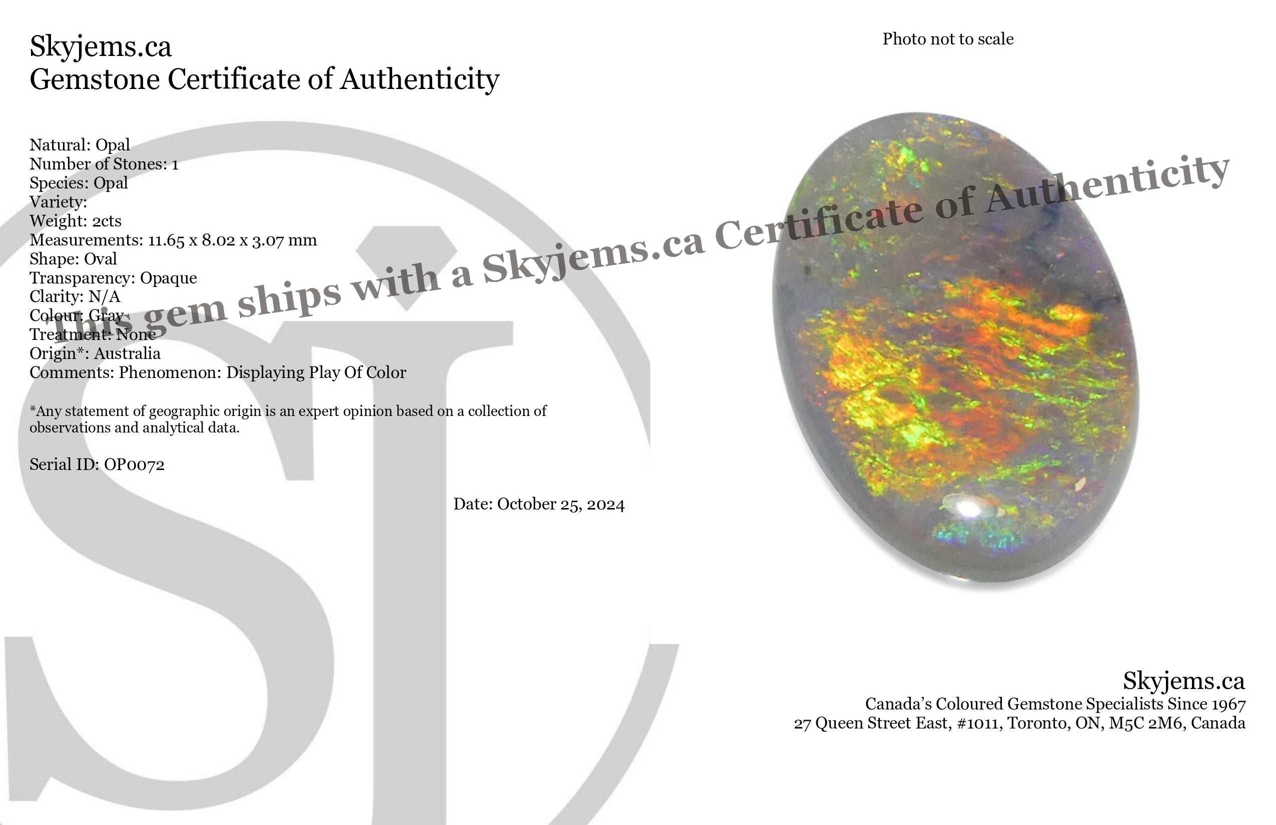 2-carat oval gray Australian opal cabochon with play of color, premium gemstone from SkyJems Canadian gem specialists