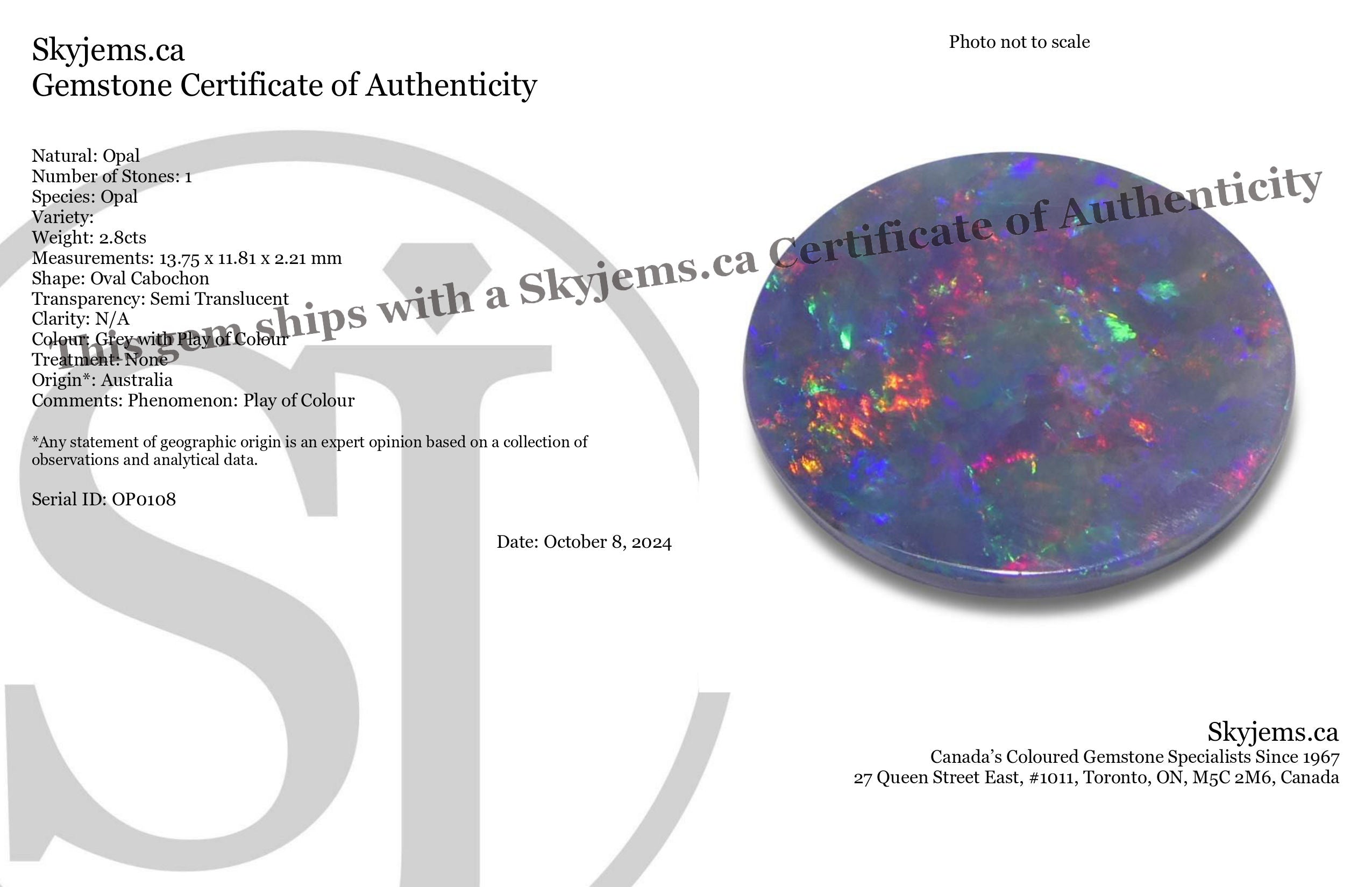 2.8ct Grey Australian Opal Cabochon with Play of Colour from SkyJems Rare Gemstones Collection
