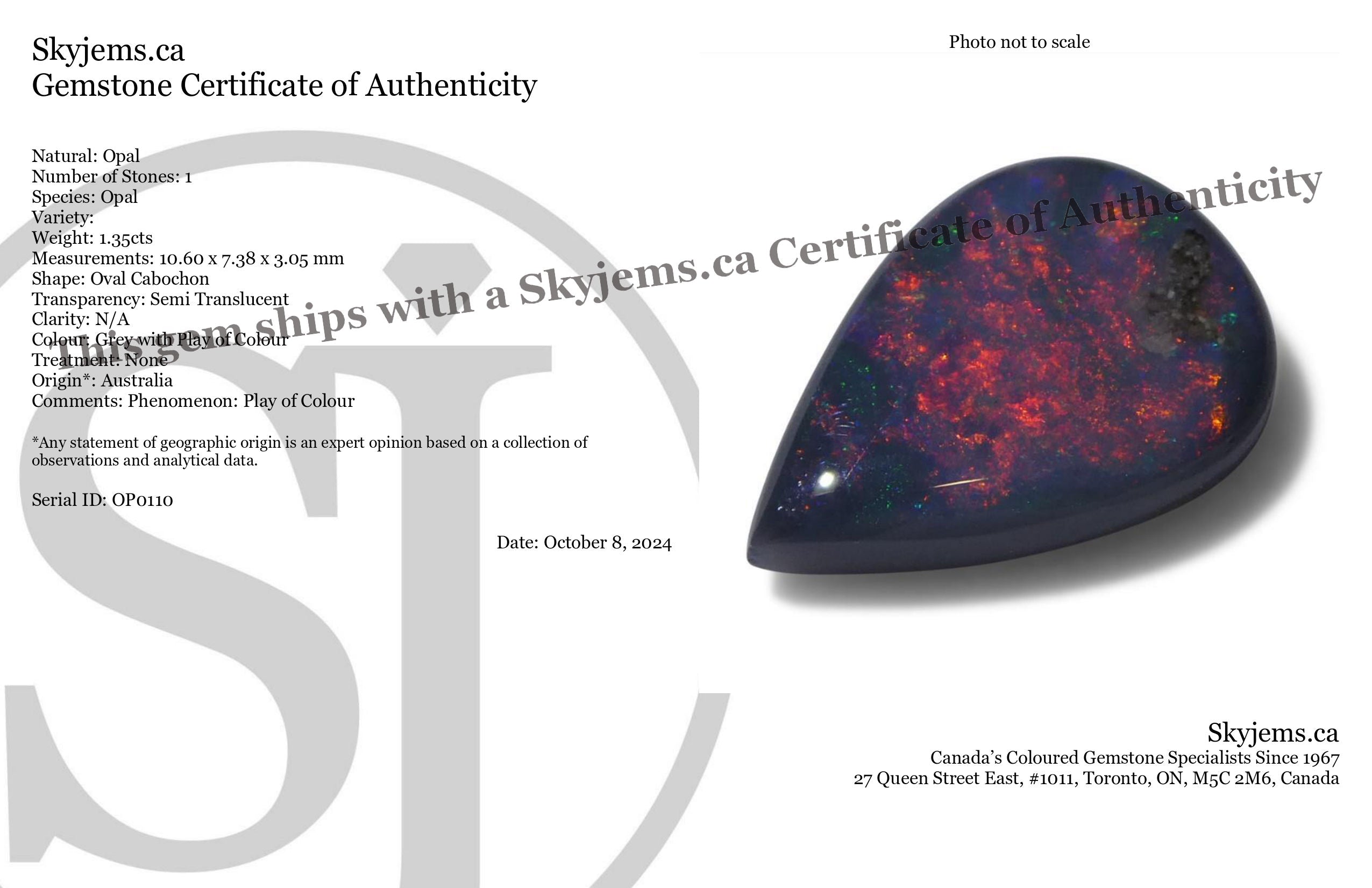 1.35ct Grey Australian Opal Cabochon with Play of Colour from SkyJems' Rare Gemstone Collection