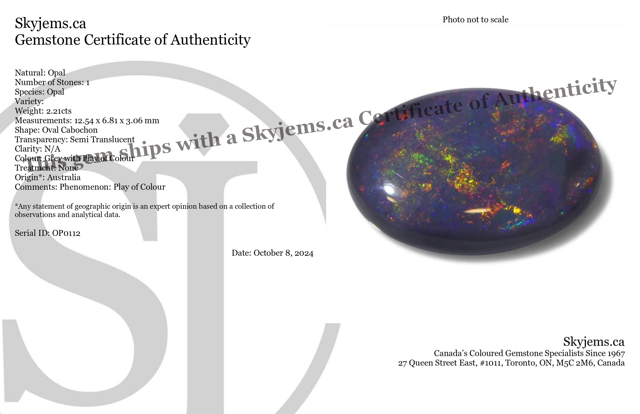 2.21ct Grey Australian Opal Cabochon with Play of Colour by SkyJems, premium oval gemstone from Down Under