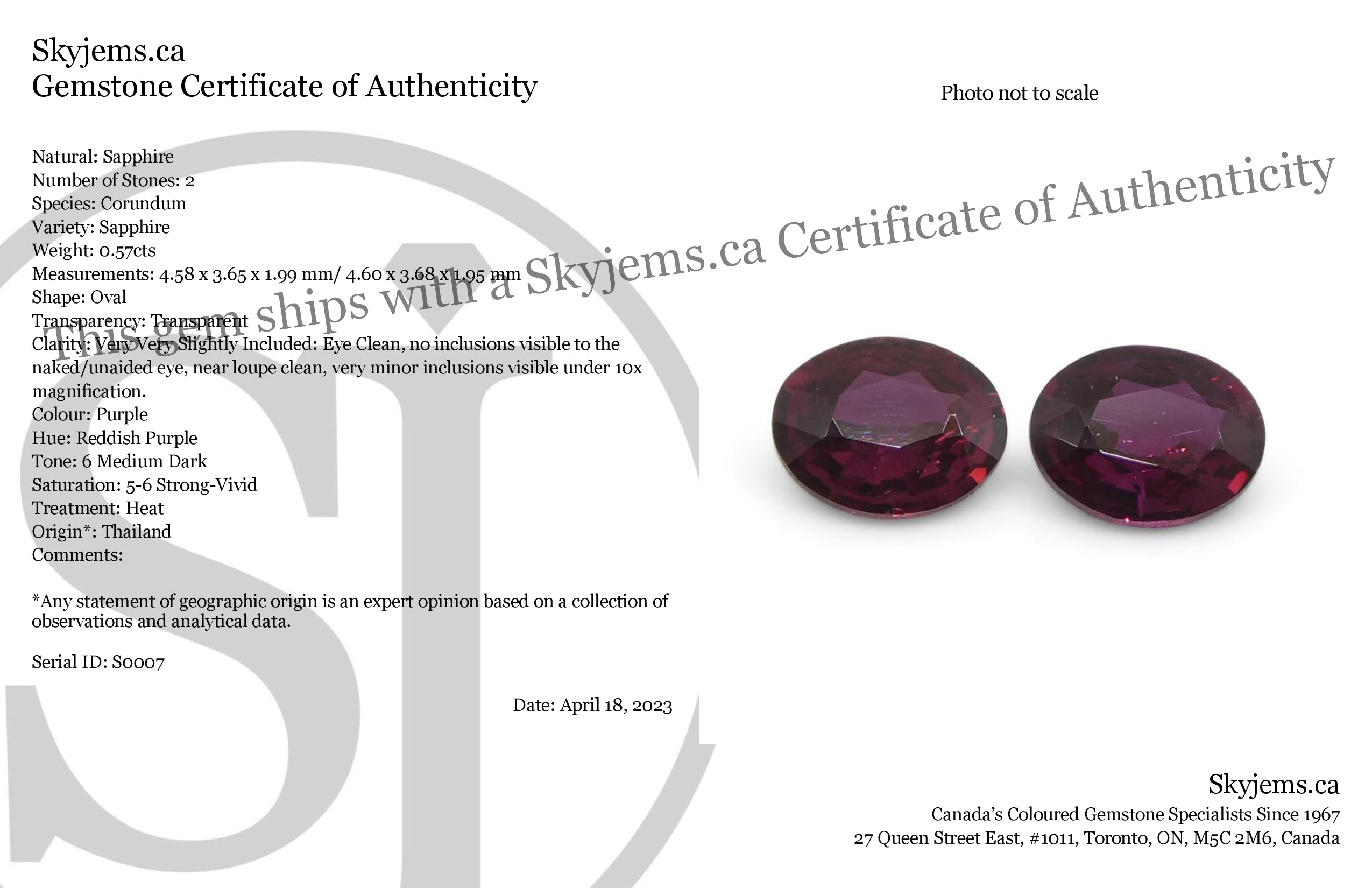 0.57ct Oval Purple Sapphire Pair from Thailand, reddish-purple gemstones by SkyJems Canadian gem specialists