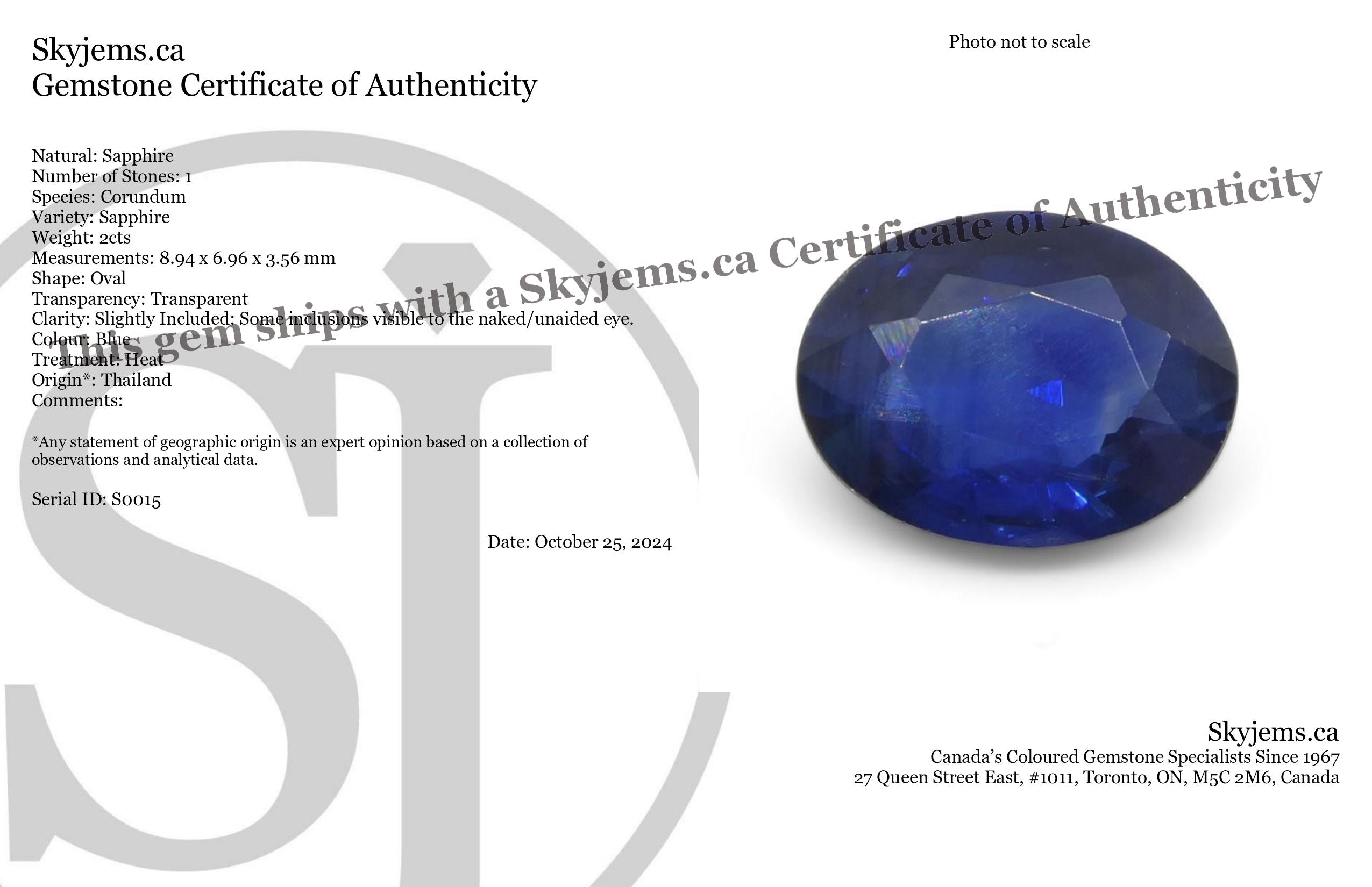 2-carat oval blue Thai sapphire, deep azure gemstone from SkyJems' premium colored stone collection