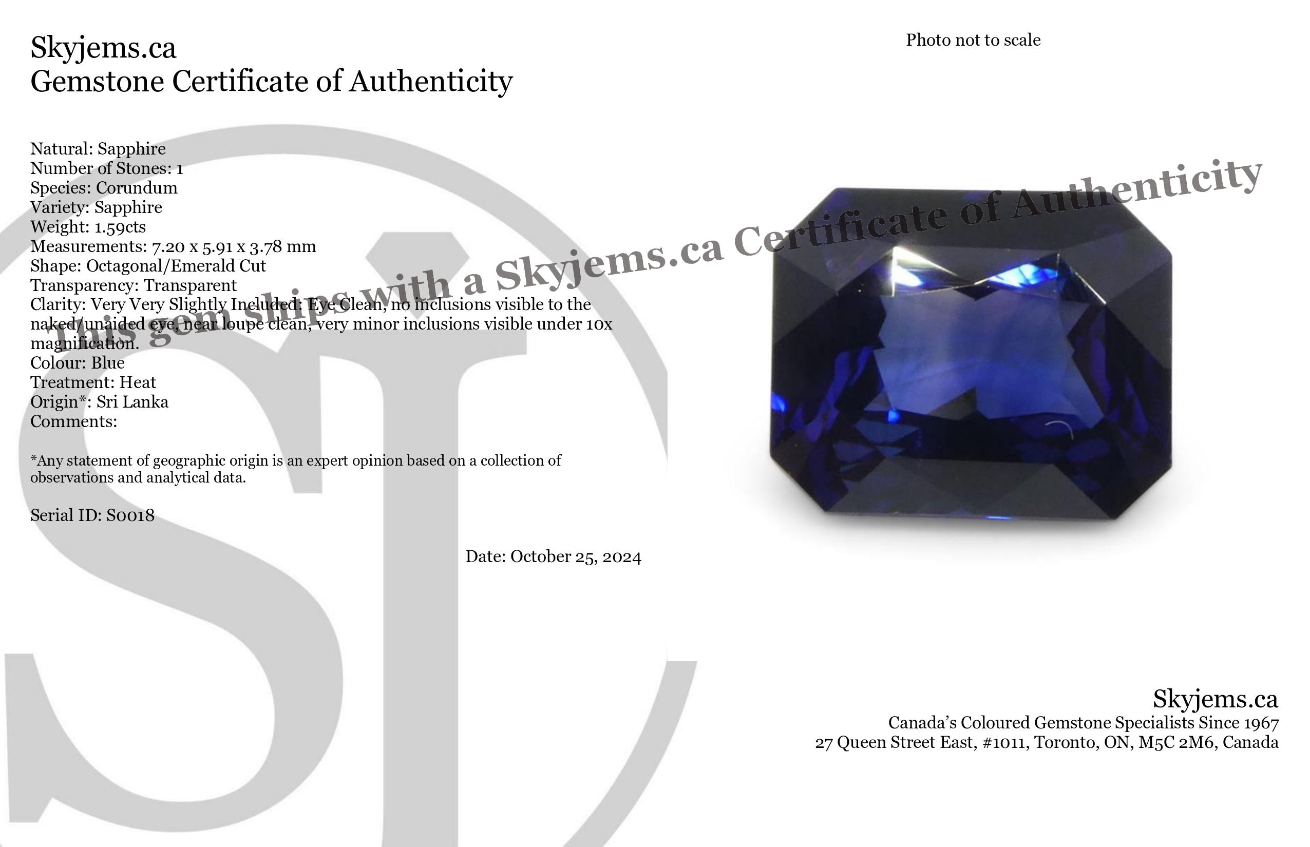 1.59ct Octagonal/Emerald Cut Blue Sapphire from Sri Lanka - Skyjems Wholesale Gemstones