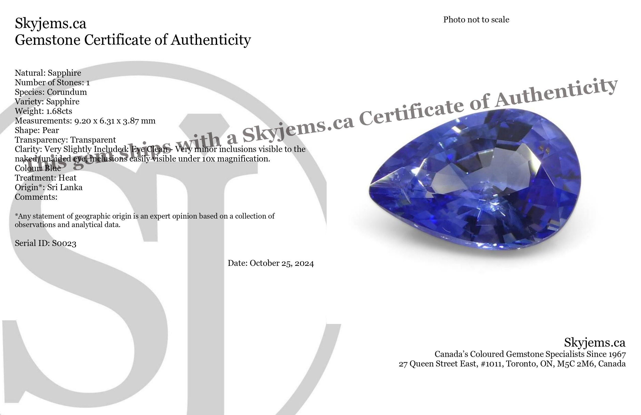1.68ct Blue Pear Sapphire from Sri Lanka, premium heated gemstone by SkyJems Canadian gem specialists